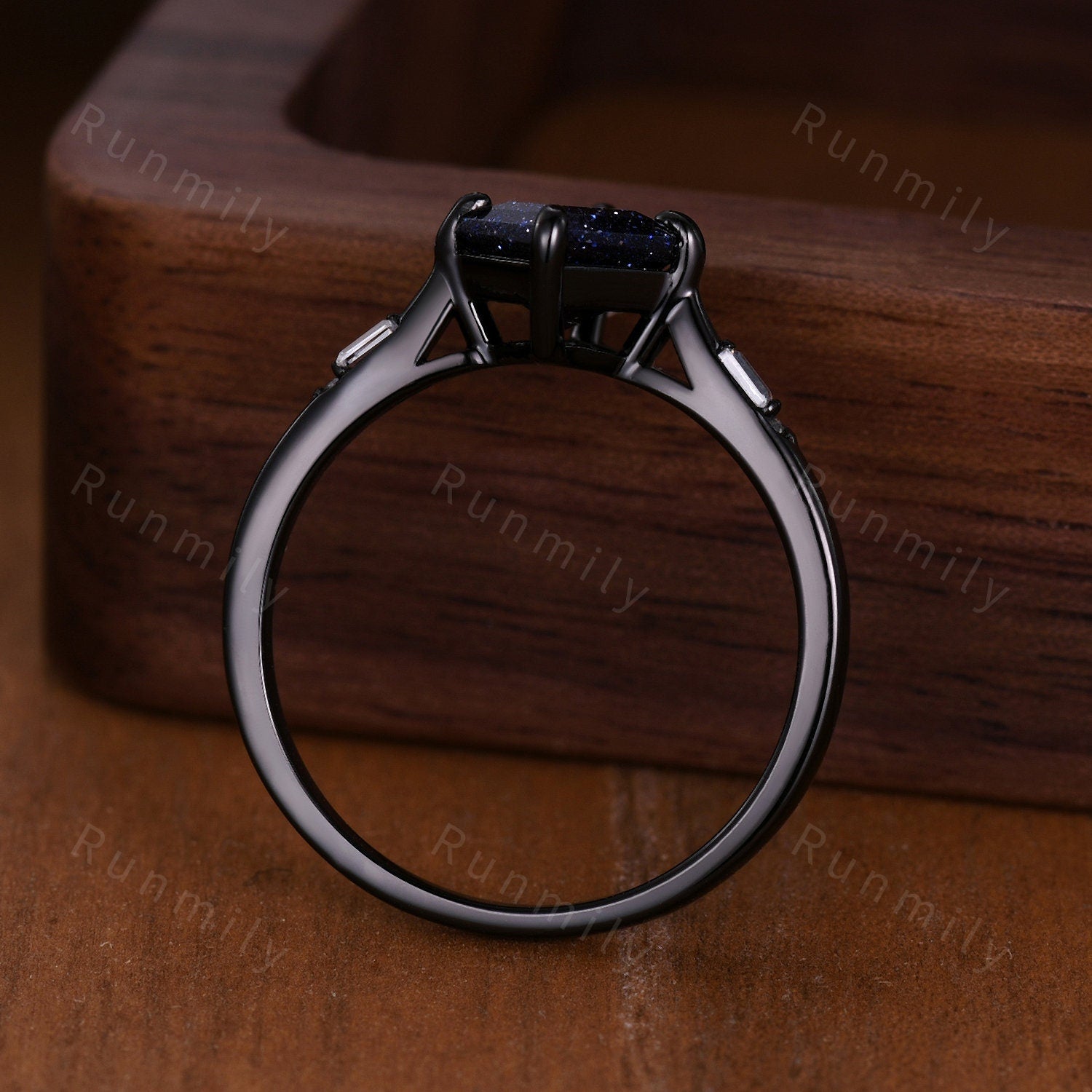 Kite cut blue sandstone engagement ring black gold diamond wedding ring unique art deco galaxy sandstone ring promise anniversary gift