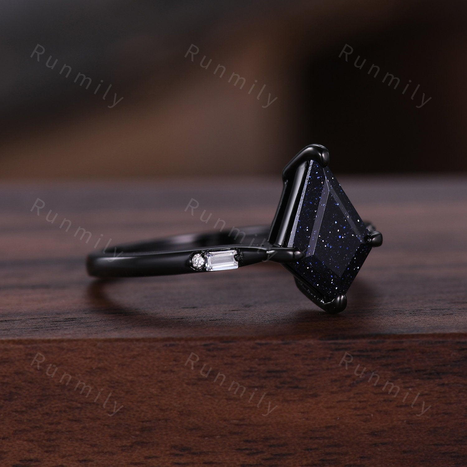 Kite cut blue sandstone engagement ring black gold diamond wedding ring unique art deco galaxy sandstone ring promise anniversary gift