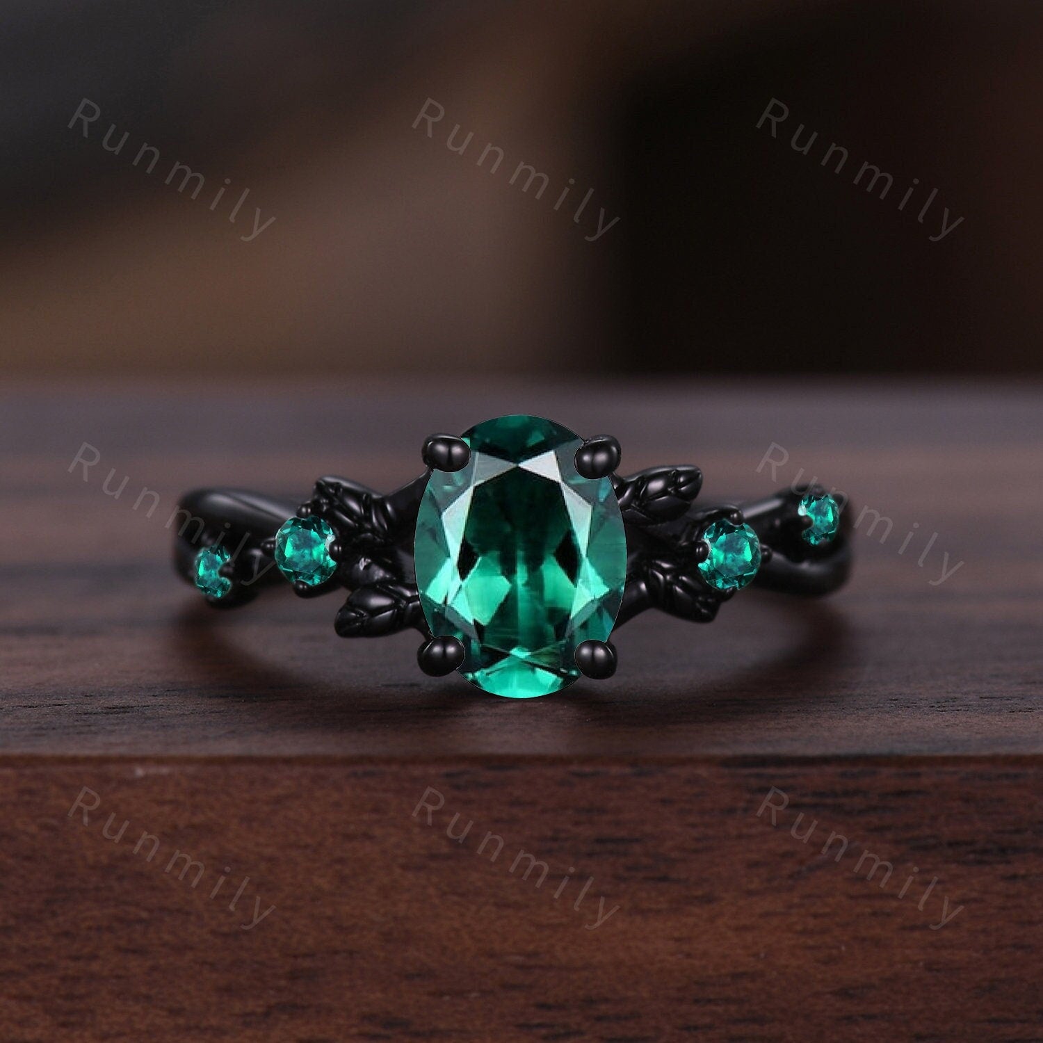 Vintage oval cut green emerald engagement ring black gold twig leaf emerald wedding ring nature inspired ring art deco bridal promise ring