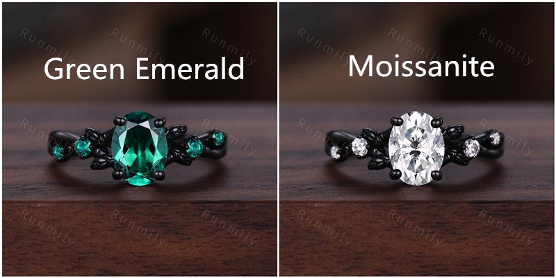 Vintage oval cut green emerald engagement ring black gold twig leaf emerald wedding ring nature inspired ring art deco bridal promise ring