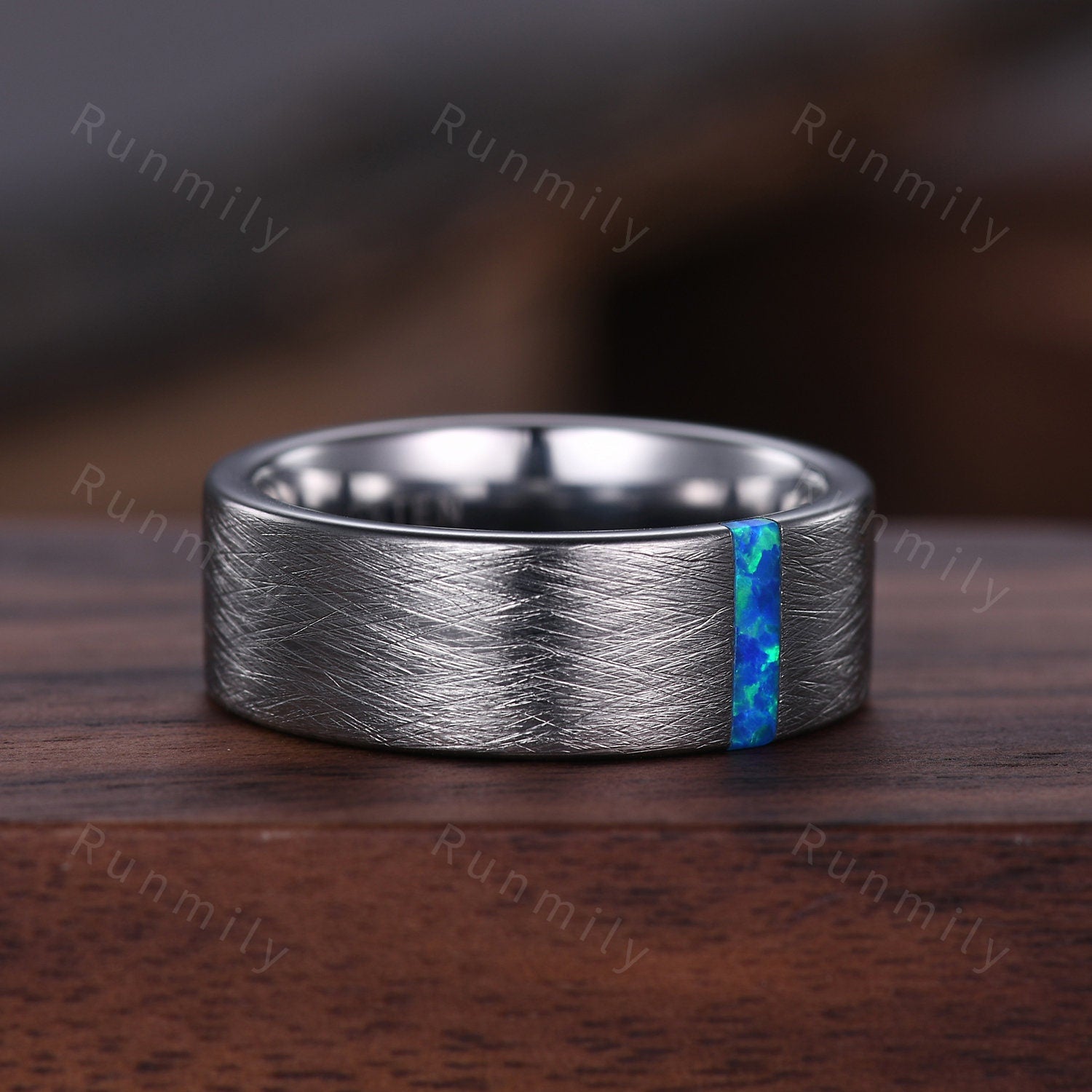 8mm Mens Blue Opal Wedding Band Baguette Shaped Band Silver Tungsten Ring Mens Brushed Finish Stacking Matching Band Retro Vintage Ring Gift