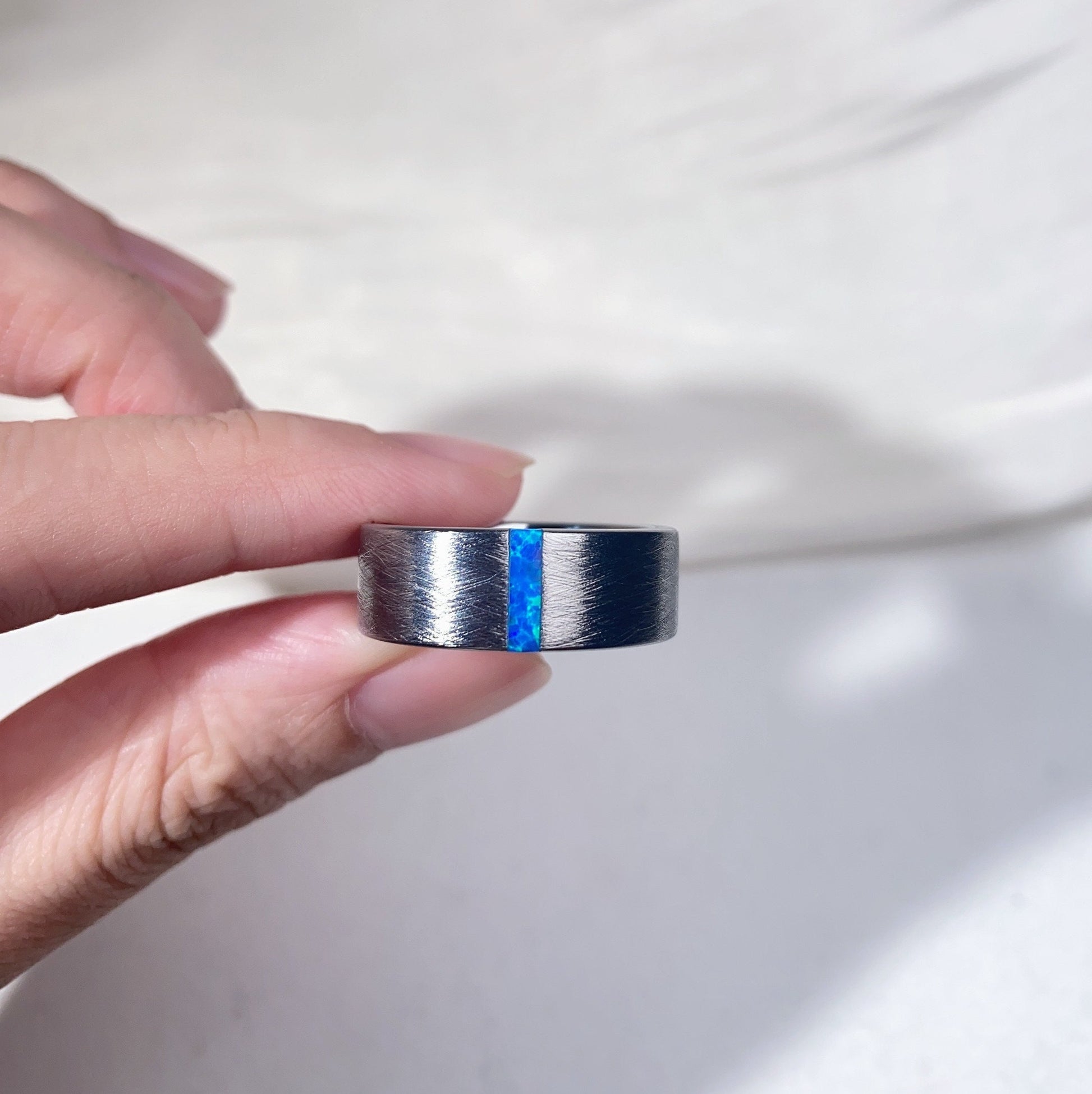 8mm Mens Blue Opal Wedding Band Baguette Shaped Band Silver Tungsten Ring Mens Brushed Finish Stacking Matching Band Retro Vintage Ring Gift