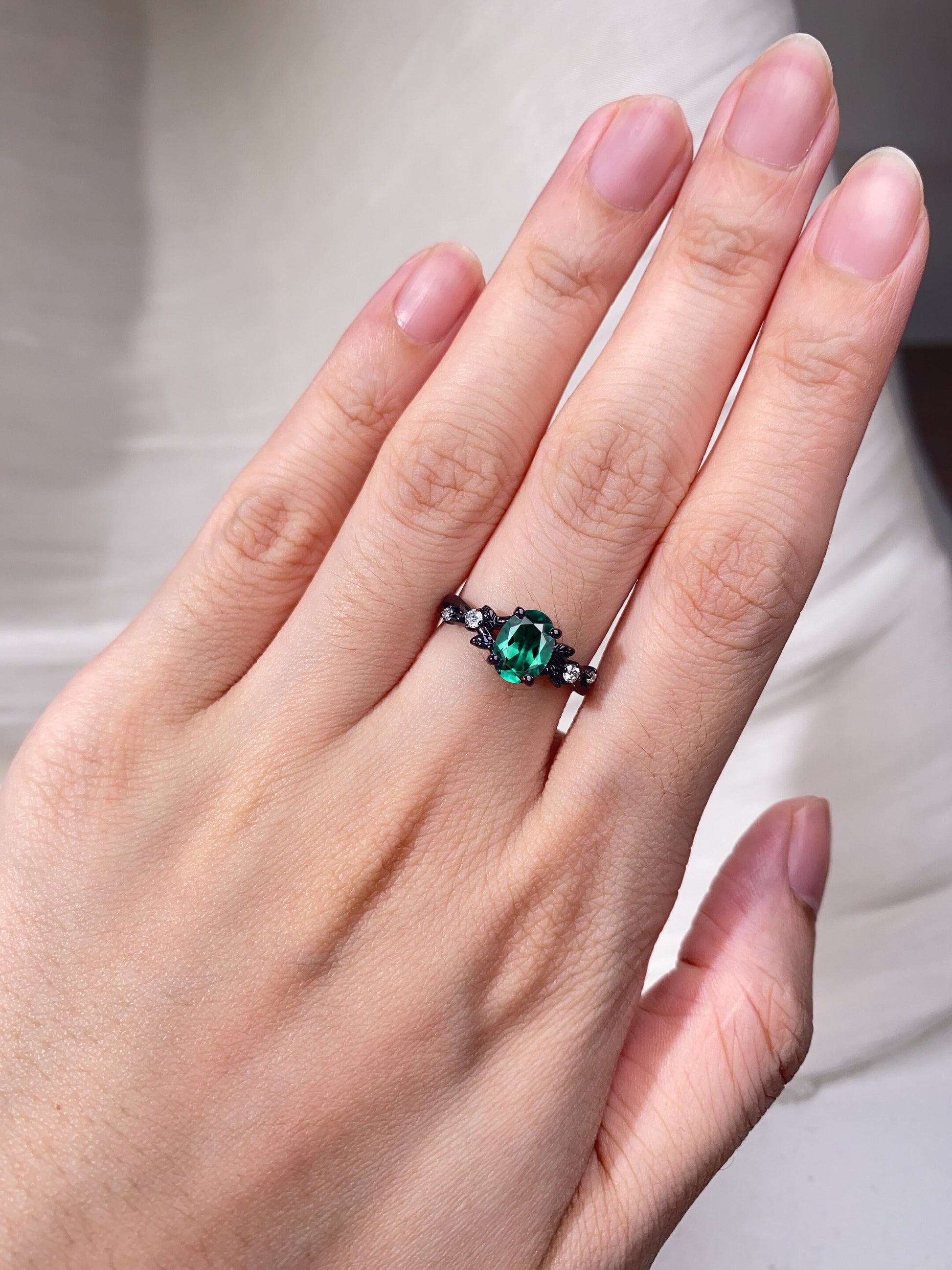 Vintage oval cut green emerald engagement ring black gold twig leaf emerald wedding ring nature inspired ring art deco bridal promise ring