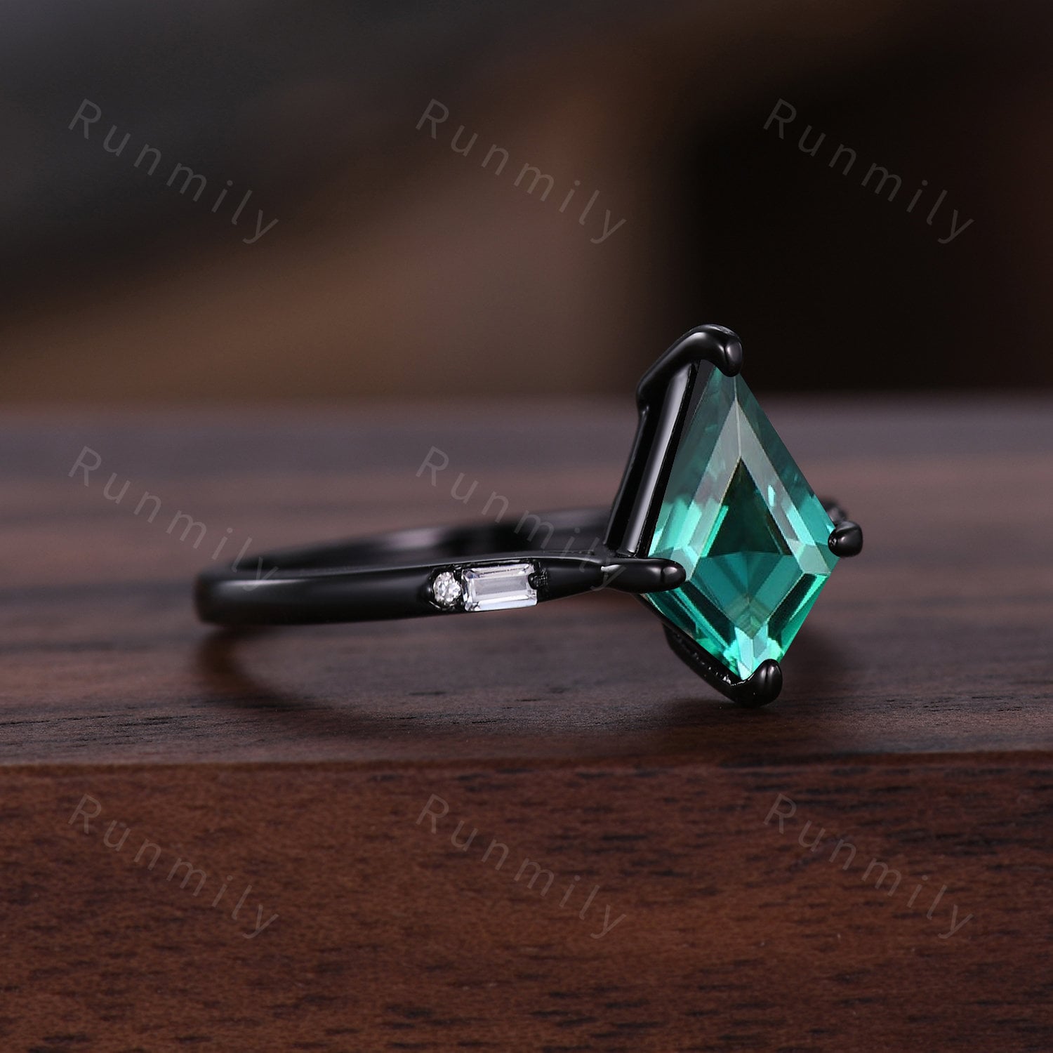 Vintage kite cut emerald engagement ring Goth black gold baguette cut moissanite ring for women May birthstone unique bridal wedding ring