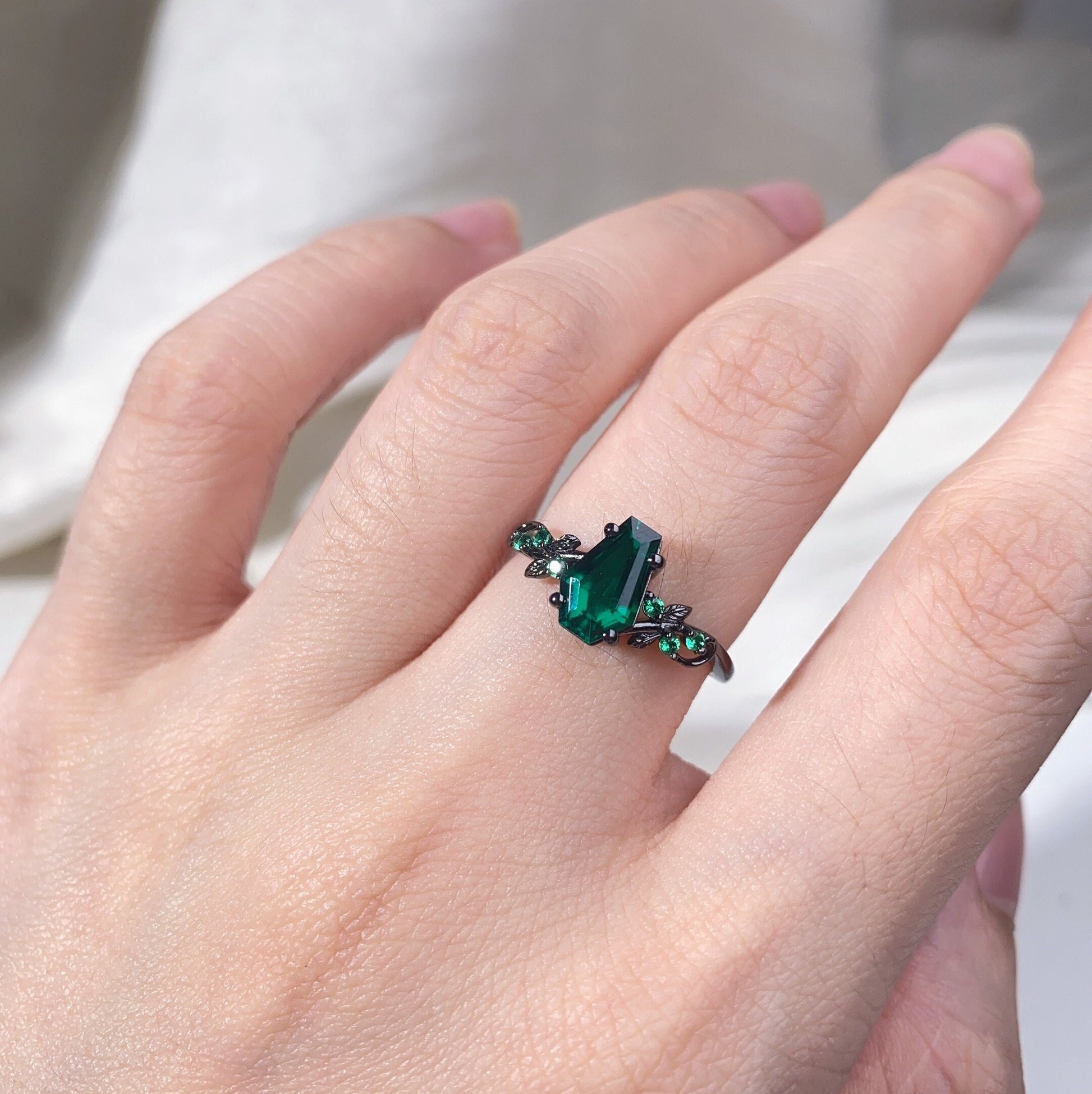 Coffin cut green emerald engagement ring Gothic Black gold ring Art deco leaf design emerald wedding ring nature inspired ring promise ring