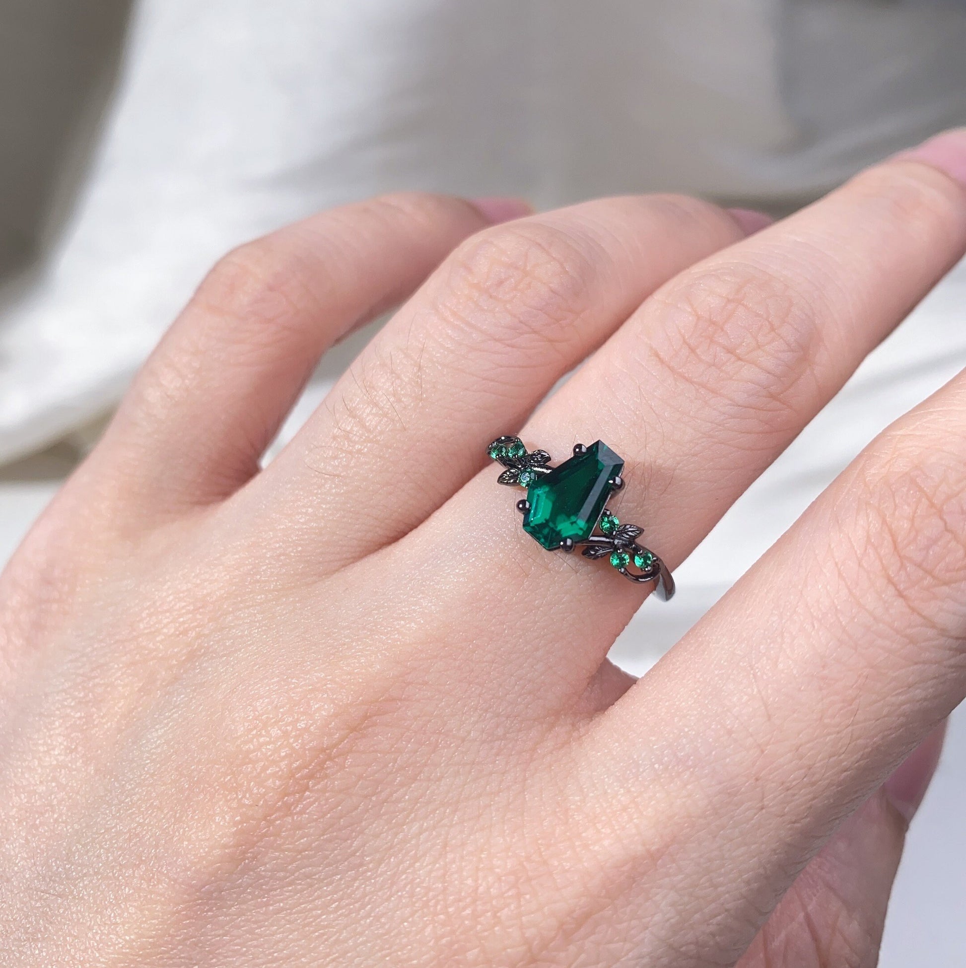 Coffin cut green emerald engagement ring Gothic Black gold ring Art deco leaf design emerald wedding ring nature inspired ring promise ring