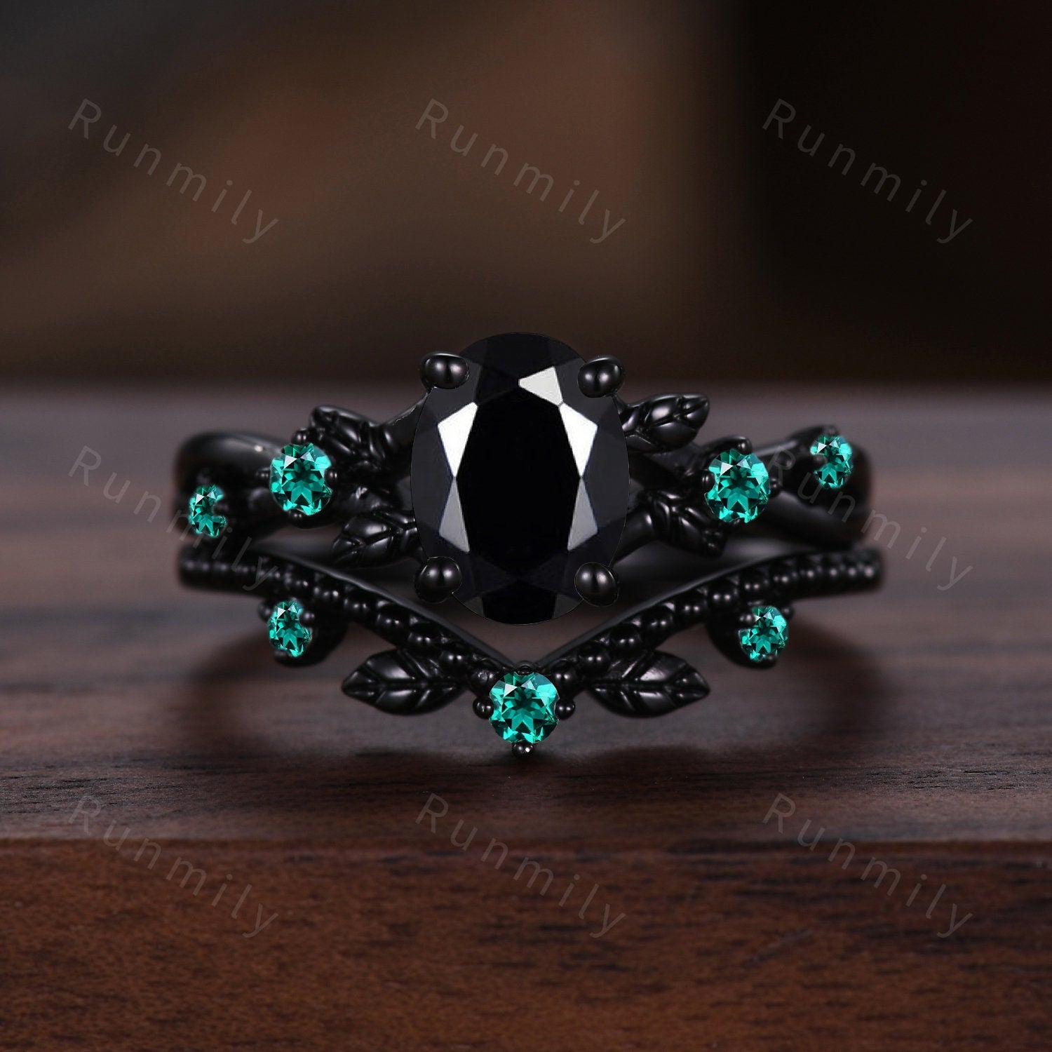 Oval Cut Black Onyx Engagement Ring Black Gold Ring Art Deco Leaf Design Emerald Wedding Ring Nature Inspired Ring Bridal Promise Ring Set