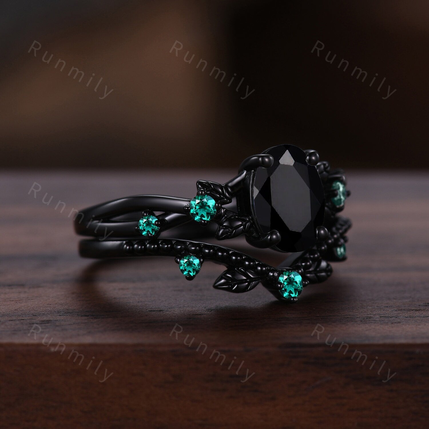 Oval Cut Black Onyx Engagement Ring Black Gold Ring Art Deco Leaf Design Emerald Wedding Ring Nature Inspired Ring Bridal Promise Ring Set