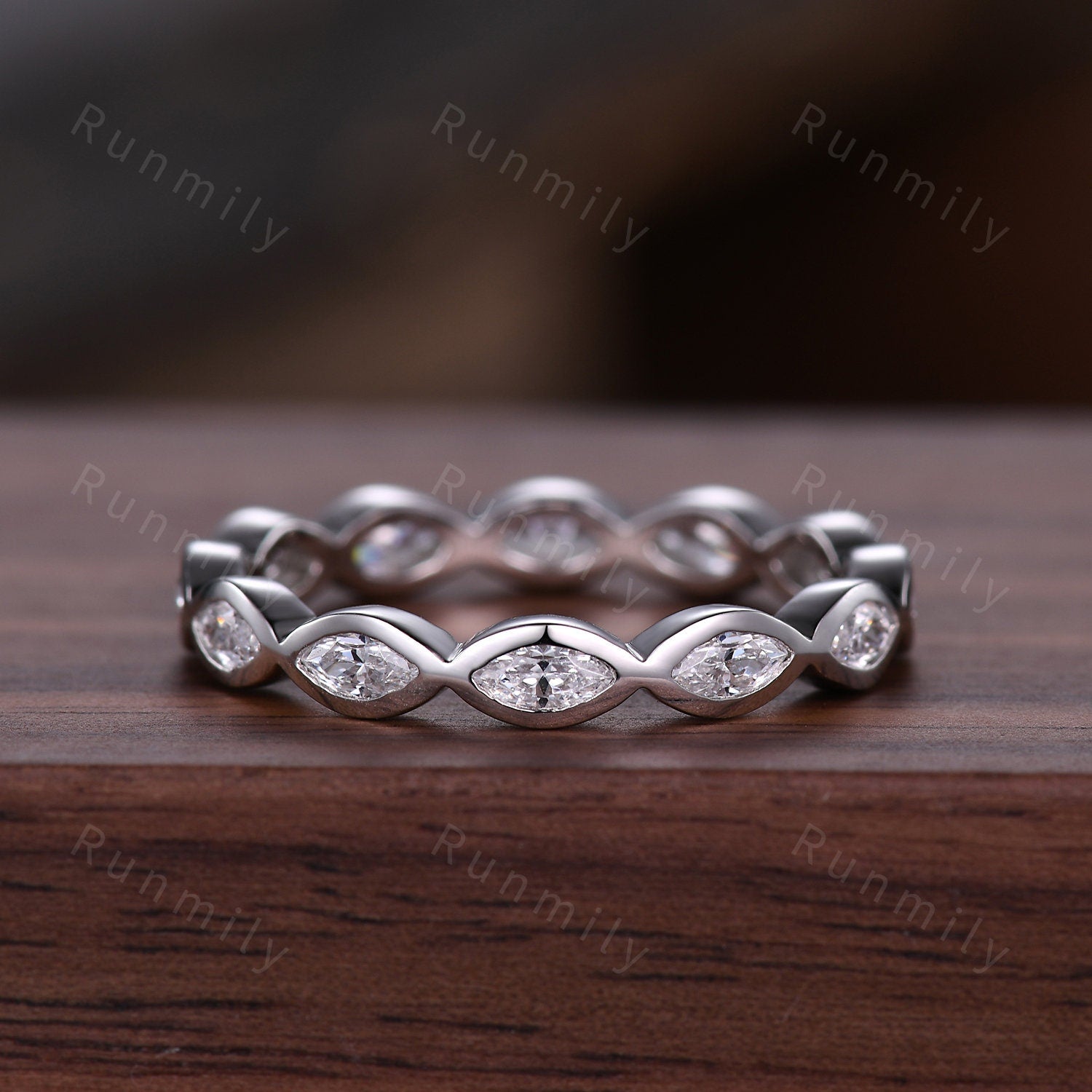 2PCS Moissanite Wedding Band Set White Gold Full Eternity Wedding Rings Unique Marquise cut Moissanite Stacking Matching Band Women's Band