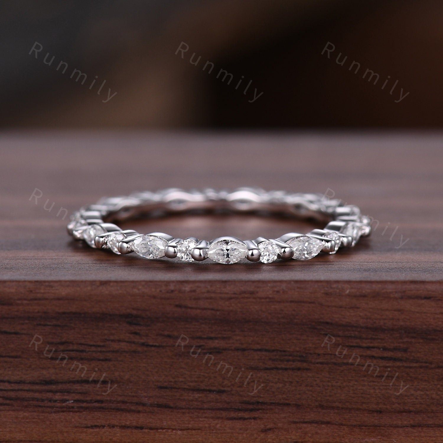 2PCS Moissanite Wedding Band Set White Gold Full Eternity Wedding Rings Unique Marquise cut Moissanite Stacking Matching Band Women's Band