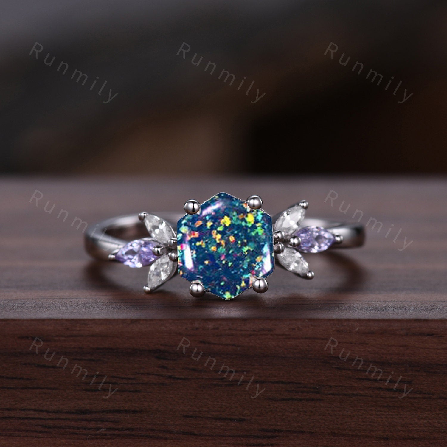 Blue Fire Opal Ring Set for Couples Matching Promise Ring Set His and Hers Wedding Ring Silver Tungsten Ring Galaxy Opal Anniversary rings