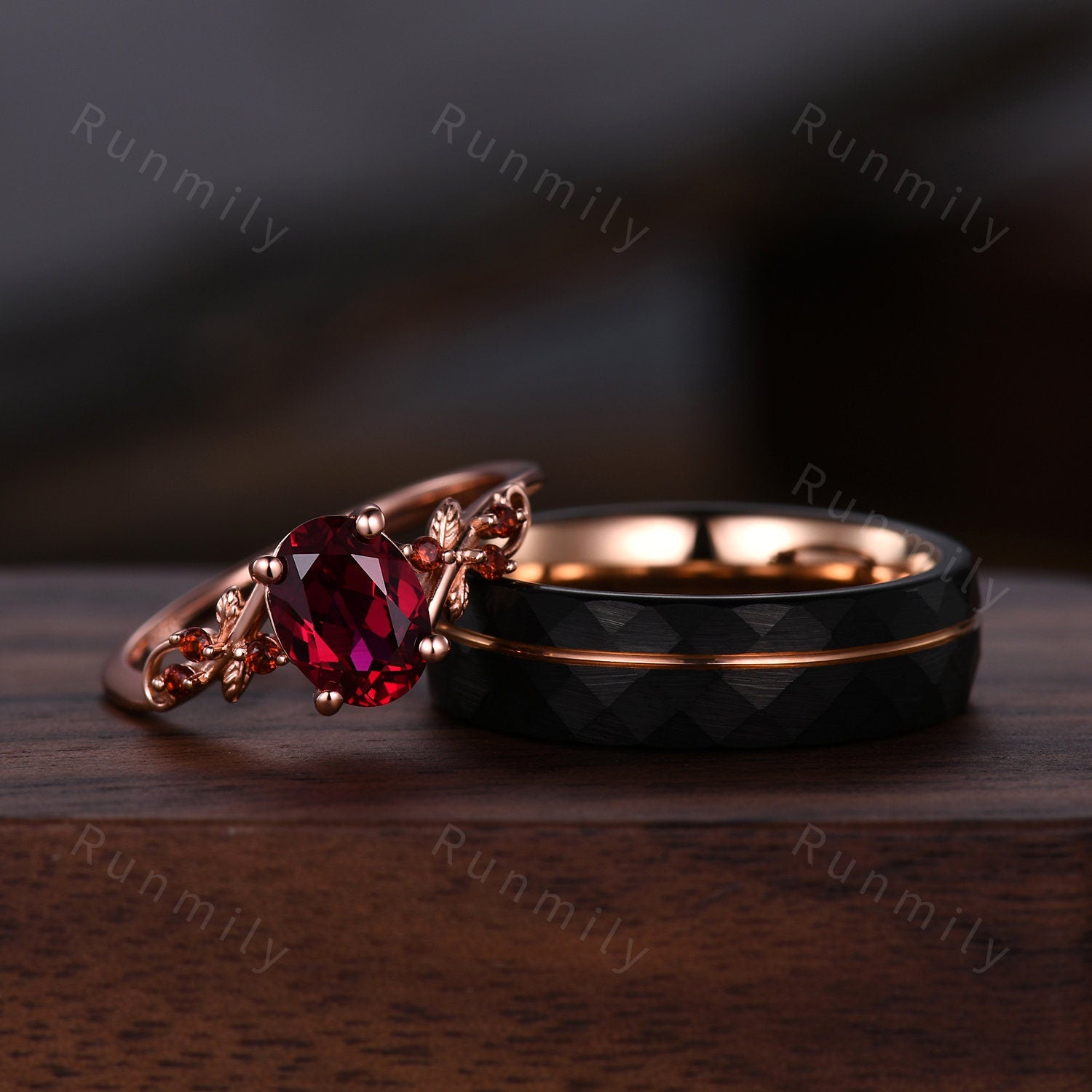 Nature Inspired Ruby Couples Ring Set Rose Gold Matching Promise Ring His and Hers Wedding Band Unique Anniversary Rings For Men For Women