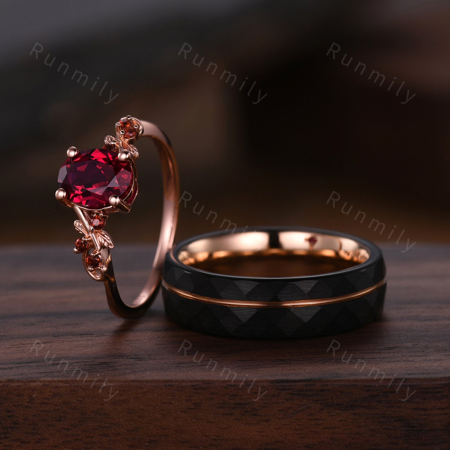 Nature Inspired Ruby Couples Ring Set Rose Gold Matching Promise Ring His and Hers Wedding Band Unique Anniversary Rings For Men For Women