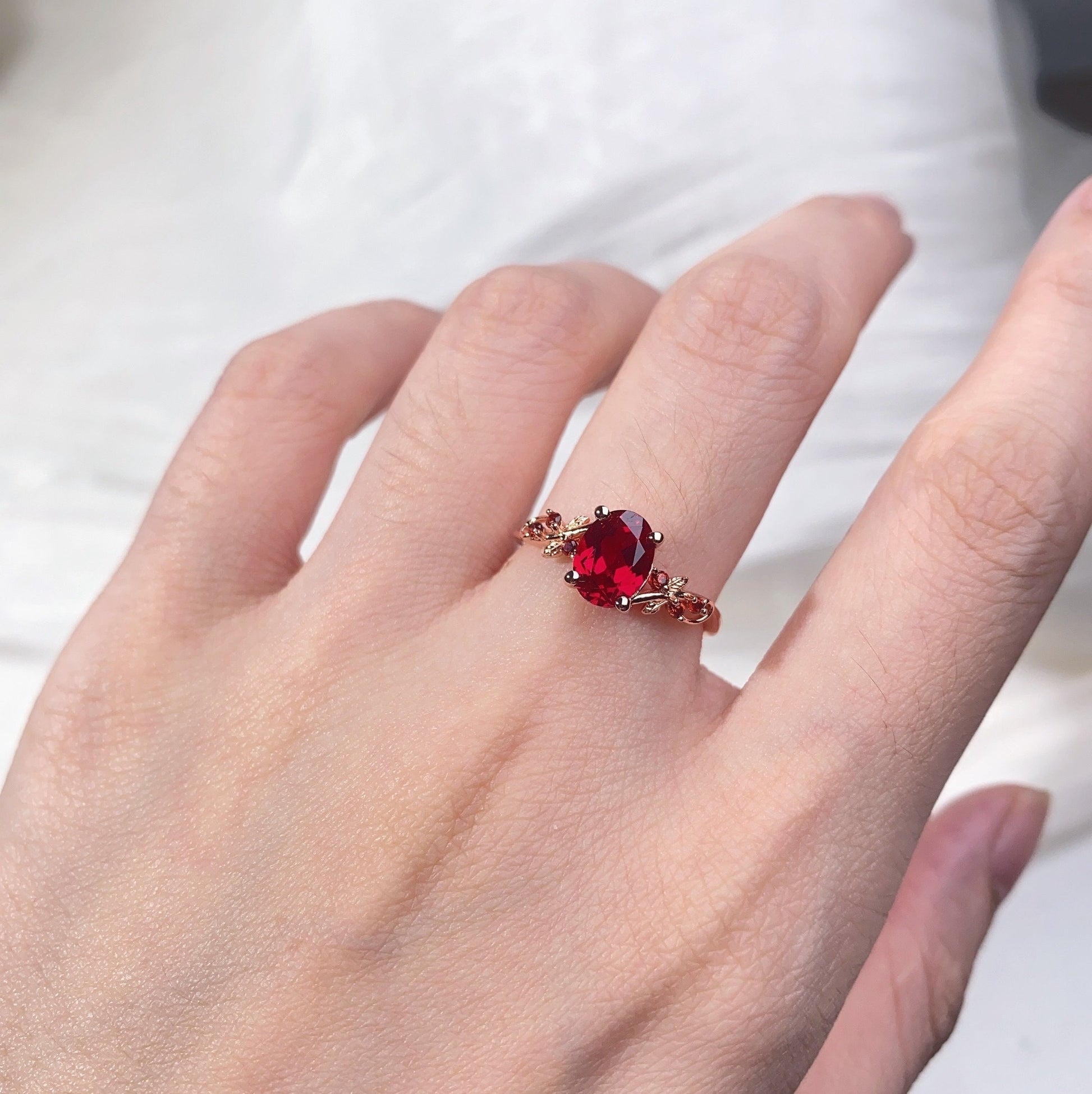 Nature Inspired Ruby Couples Ring Set Rose Gold Matching Promise Ring His and Hers Wedding Band Unique Anniversary Rings For Men For Women