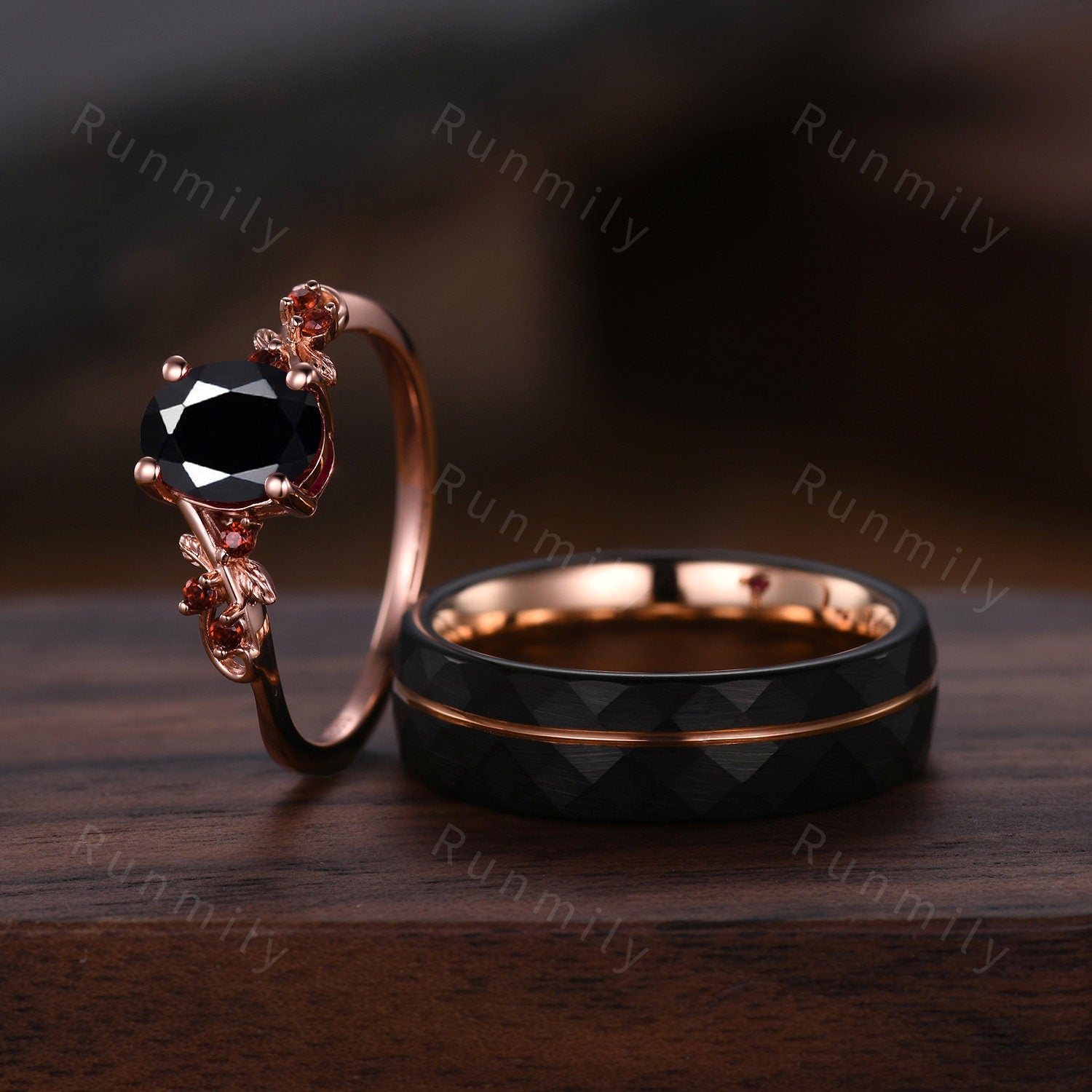 Oval Black Onyx Engagement Ring Set Rose Gold Couples Ring Mens 6mm Tungsten Wedding Band Natural Inspired Matching Promise Ring For Couples