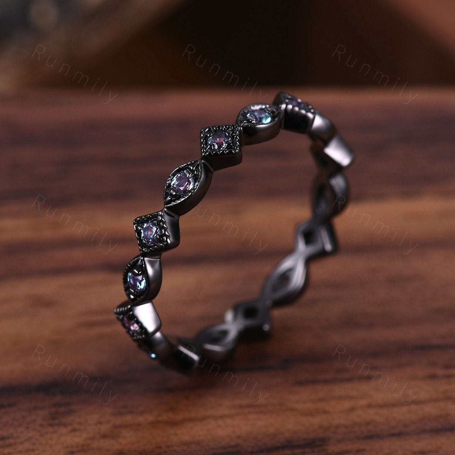 Vintage Alexandrite wedding band art deco eternity wedding band black gold ring unique stacking matching band for women retro vintage ring