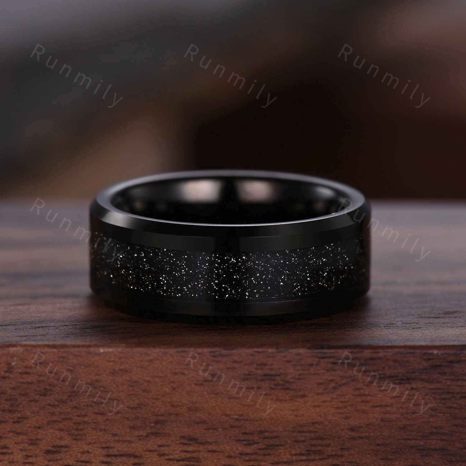Black Onyx Ring Set, His and Hers Wedding Band, Black Sandstone Mens Ring, Rose Gold and Tungsten Ring, Black Gemstone Couples Ring