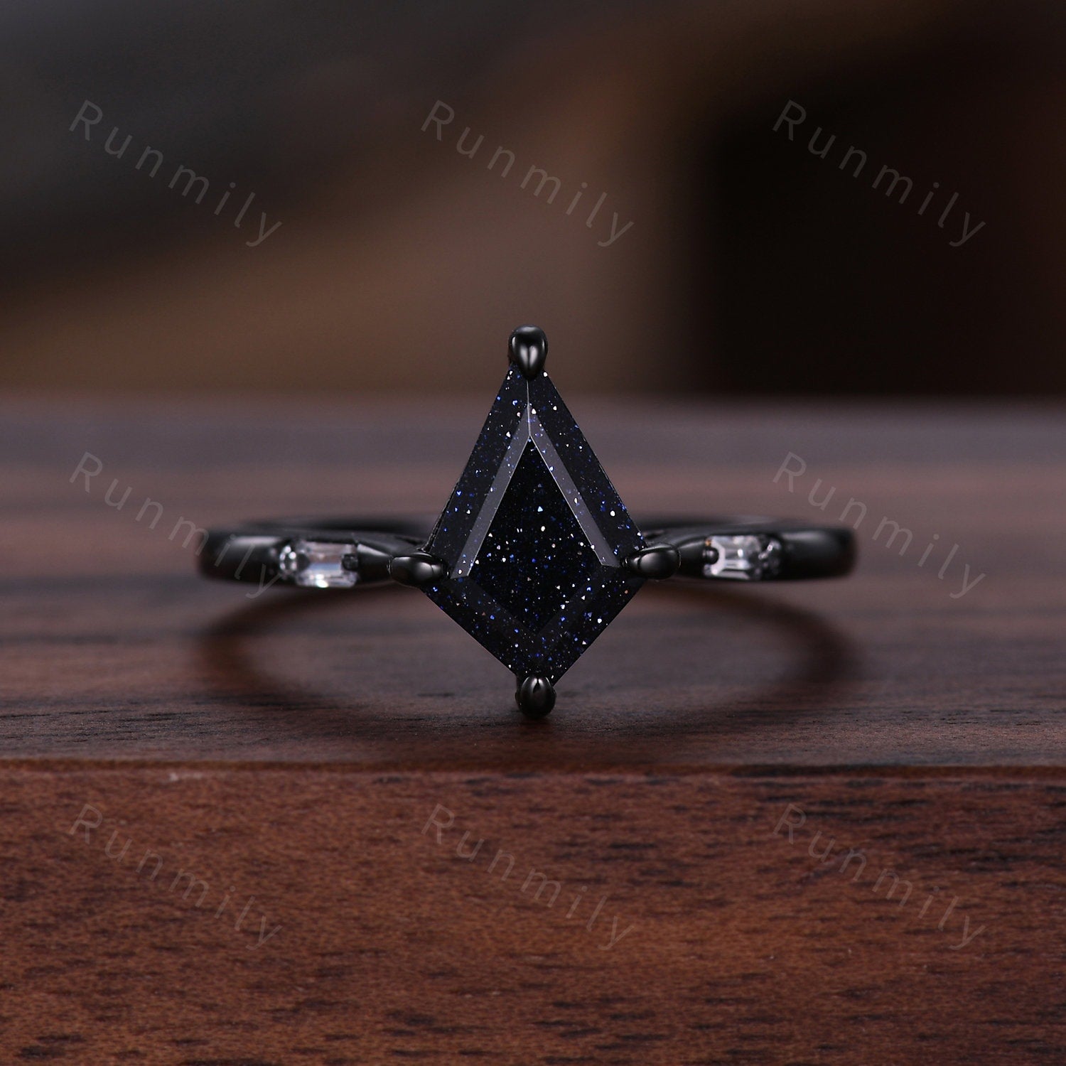 Kite Cut Blue Sandstone Nebula Ring Set, His and Hers Wedding Band, Black Gold Matching Ring, Outer Space Couples Ring, Promise Ring Set