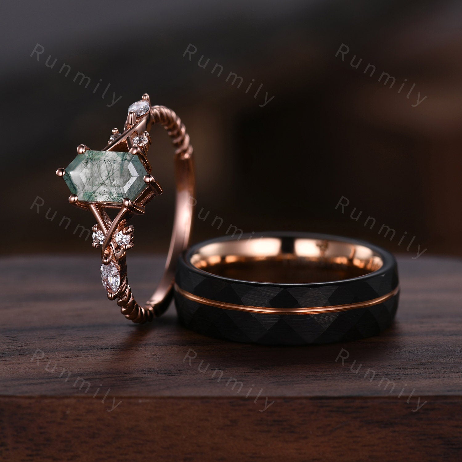 Kite cut Moss Agate Couples Ring Rose Gold Matching Ring Set His and Hers Wedding Band Promise Ring For Men For Women Natural Green Agate