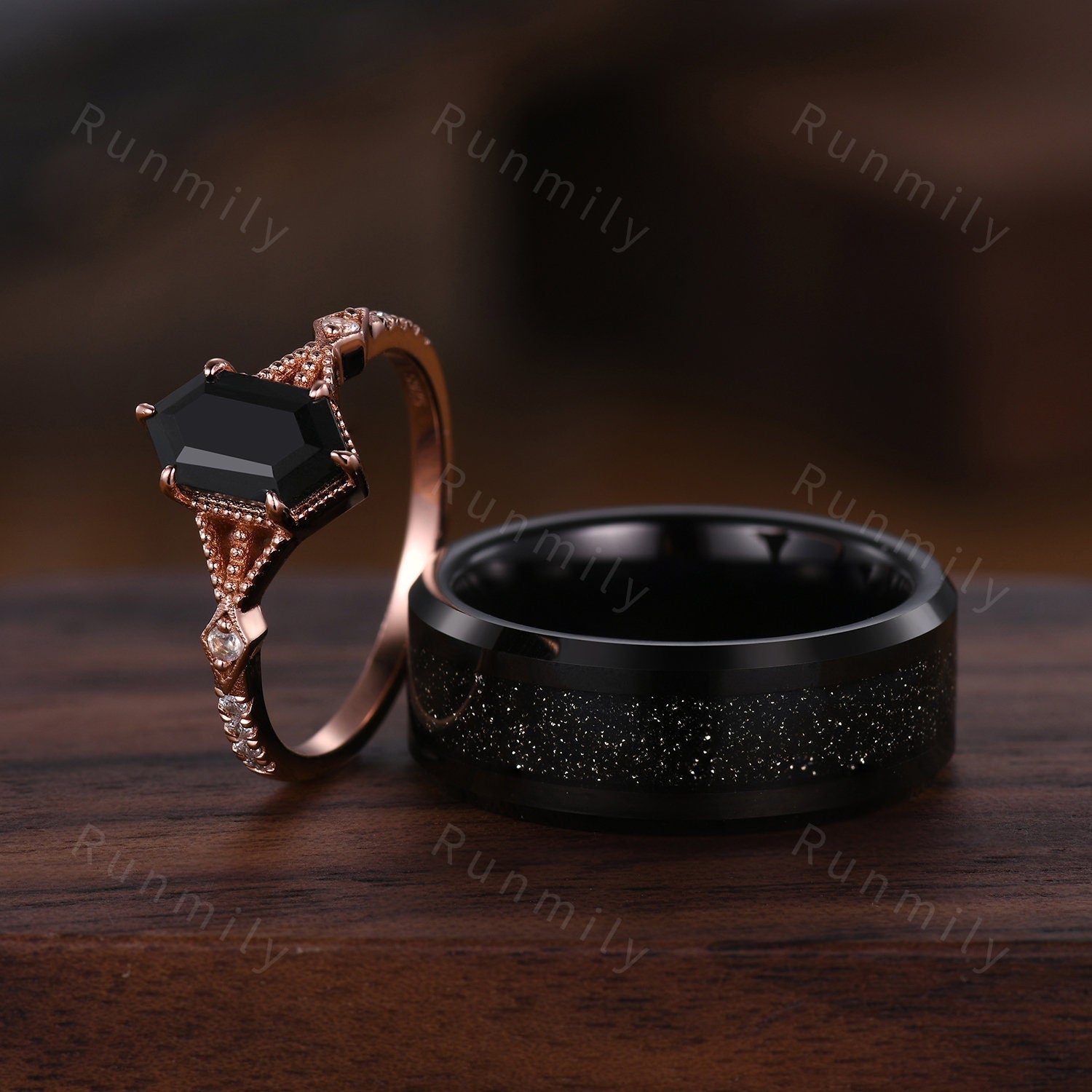 Black Onyx Ring Set, His and Hers Wedding Band, Black Sandstone Mens Ring, Rose Gold and Tungsten Ring, Black Gemstone Couples Ring