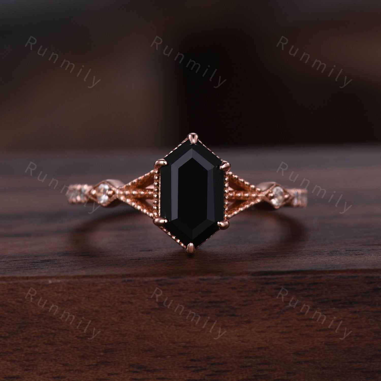 Black Onyx Couples Ring Set Vintage Double Curved Diamond Band Black and Rose Gold His and Her Wedding Band Promise Ring For Men and Women