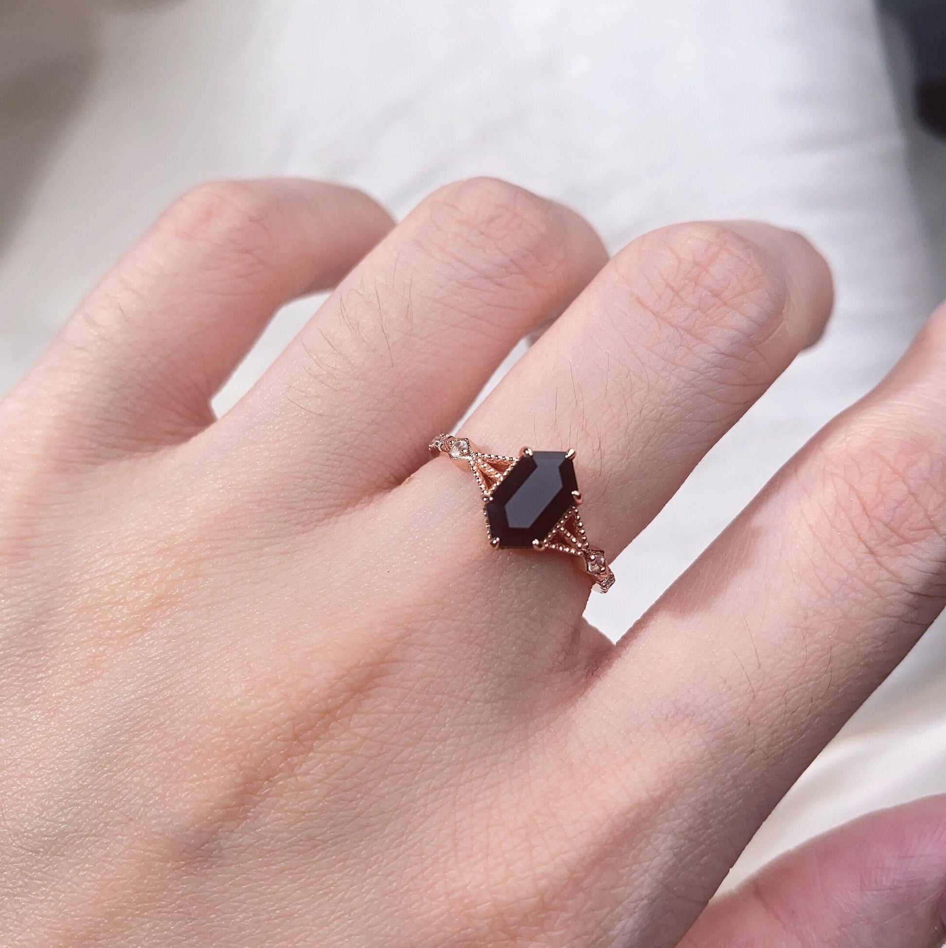 Black Onyx Ring Set, His and Hers Wedding Band, Black Sandstone Mens Ring, Rose Gold and Tungsten Ring, Black Gemstone Couples Ring