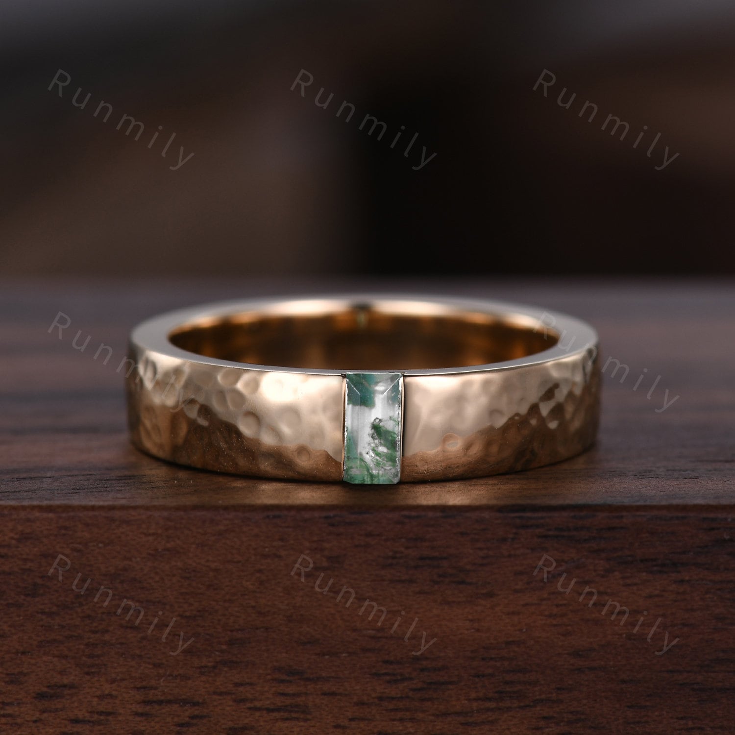 Couples ring set green Moss Agate ring for Men for Women Yellow gold His and Hers wedding band Mens hammered ring promise anniversary rings