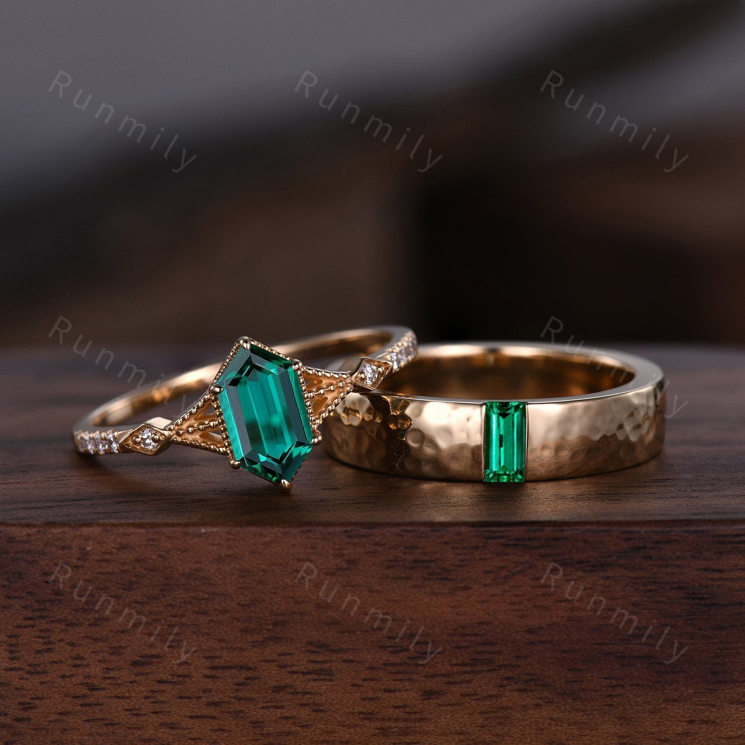 Green Emerald Couples Ring Set Yellow Gold Ring Baguette Hammered Mens Ring Emerald Matching Wedding Ring For Men For Women Anniversary Gift