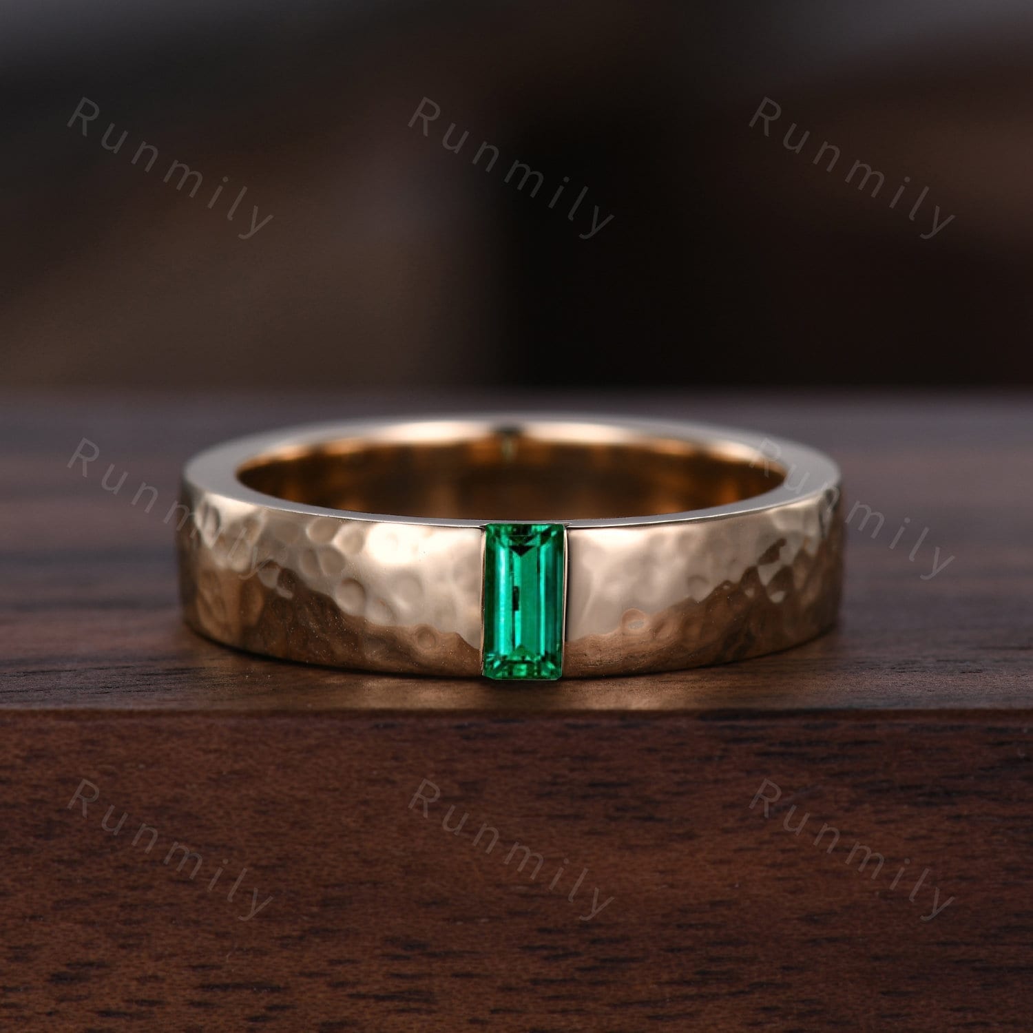 Green Emerald Couples Ring Set Yellow Gold Ring Baguette Hammered Mens Ring Emerald Matching Wedding Ring For Men For Women Anniversary Gift