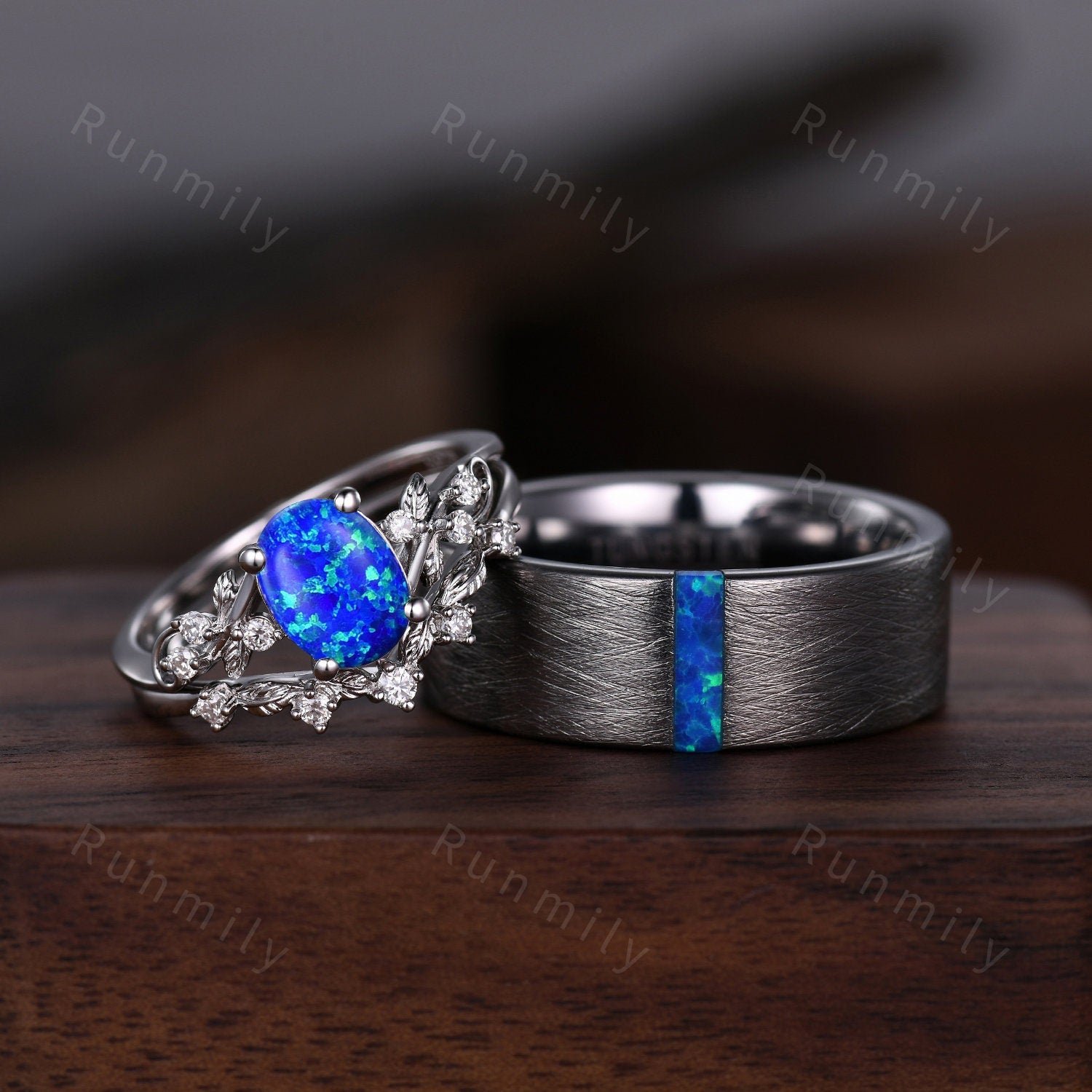 Galaxy Blue Opal His and Her Ring Set, Orion Nebula Ring, 925 Silver Rings, Outer Space Couples Ring, Blue Gemstone Matching Promise Ring