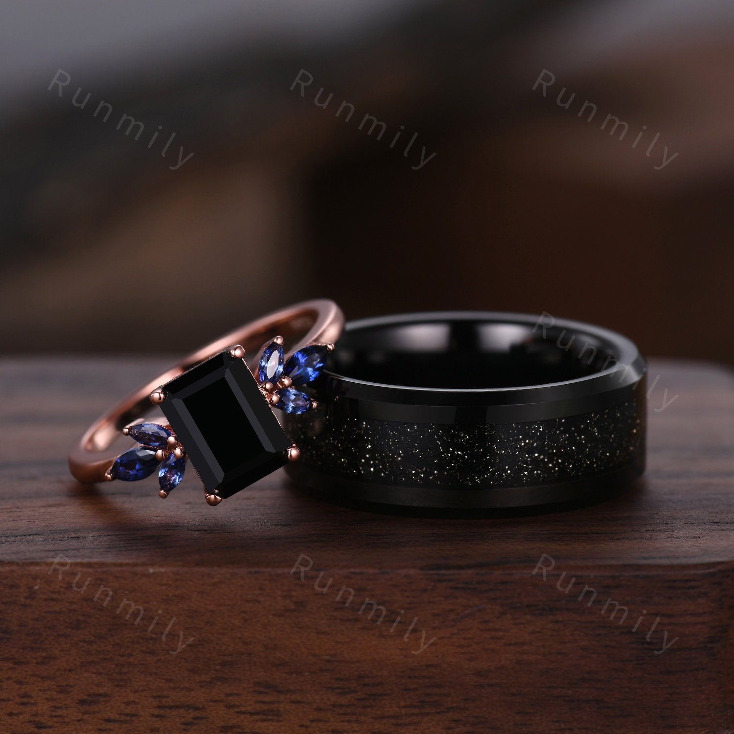 Emerald cut Black Onyx Ring Set, His and Hers Wedding Band, Black Sandstone Mens Ring, Rose Gold and Tungsten Ring, Unique Couples Ring Set