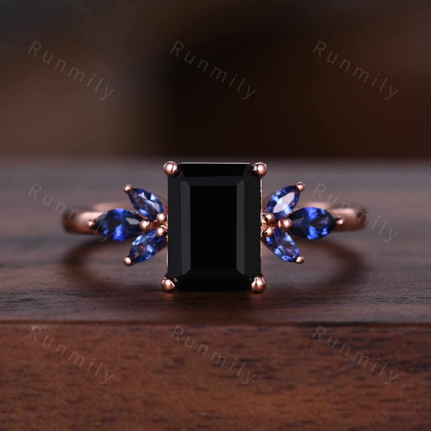 Emerald cut Black Onyx Ring Set, His and Hers Wedding Band, Black Sandstone Mens Ring, Rose Gold and Tungsten Ring, Unique Couples Ring Set