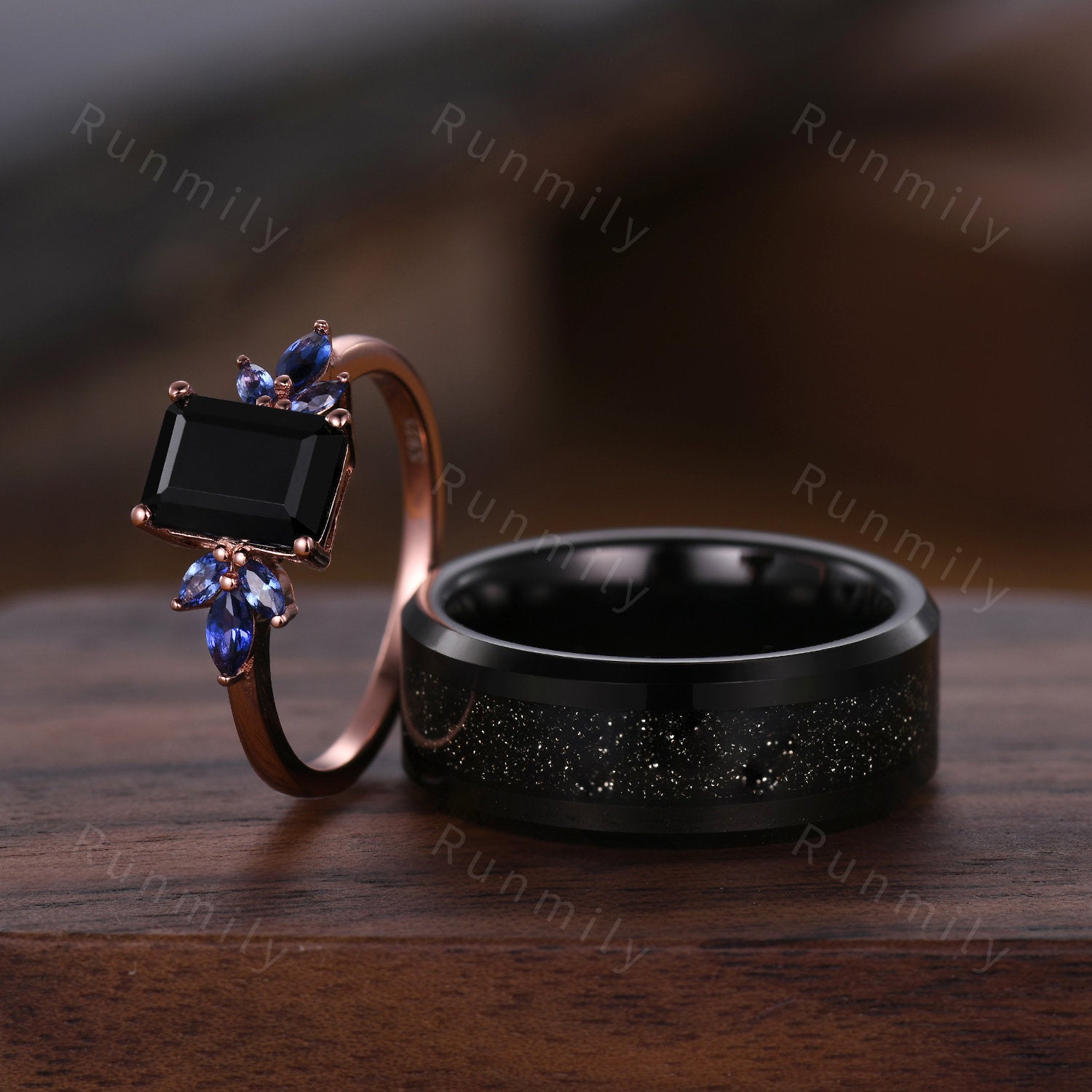 Emerald cut Black Onyx Ring Set, His and Hers Wedding Band, Black Sandstone Mens Ring, Rose Gold and Tungsten Ring, Unique Couples Ring Set