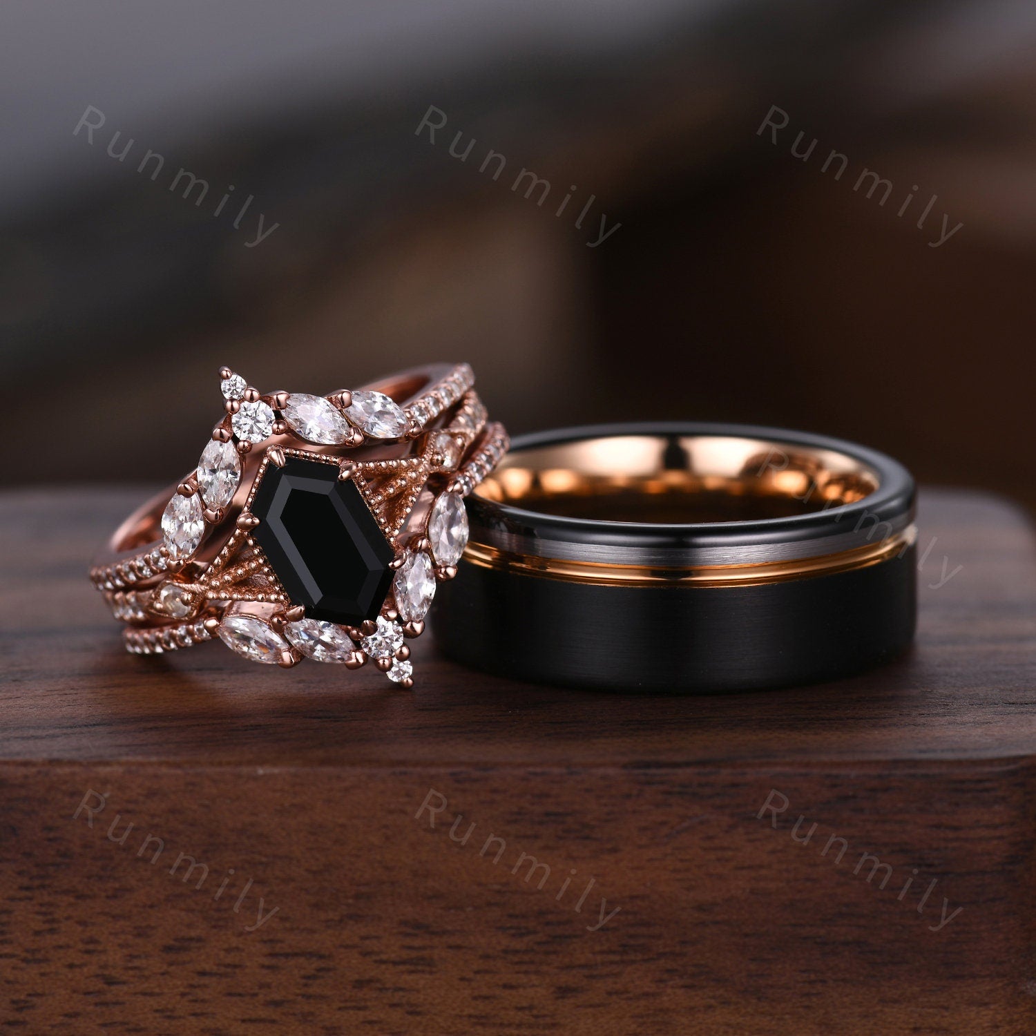 Black Onyx Couples Ring Set Vintage Double Curved Diamond Band Black and Rose Gold His and Her Wedding Band Promise Ring For Men and Women