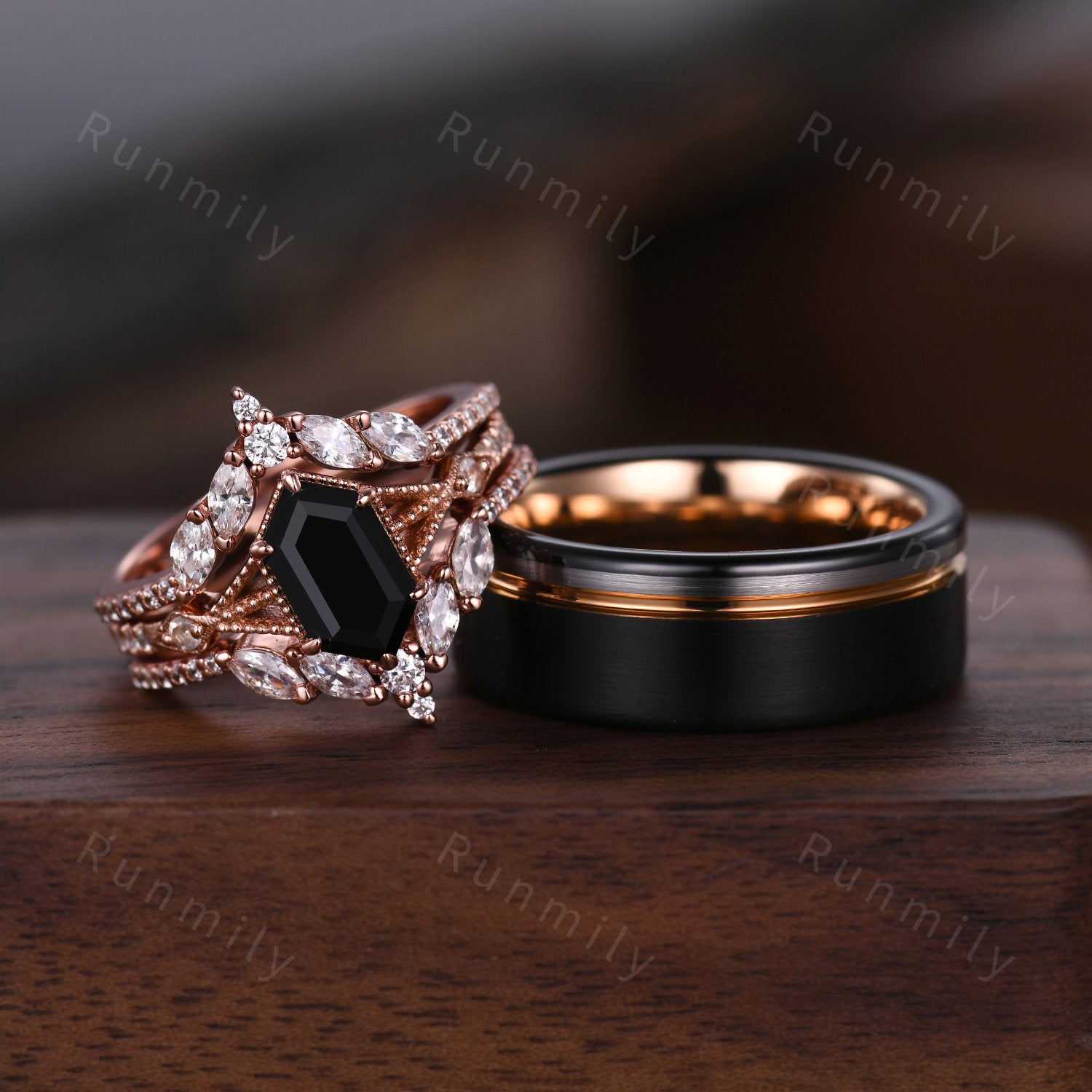 Antique Rose Quartz Couples Ring Set Vintage Double Curved Diamond Band Rose Gold His and Her Wedding Band Promise Ring For Men and Women