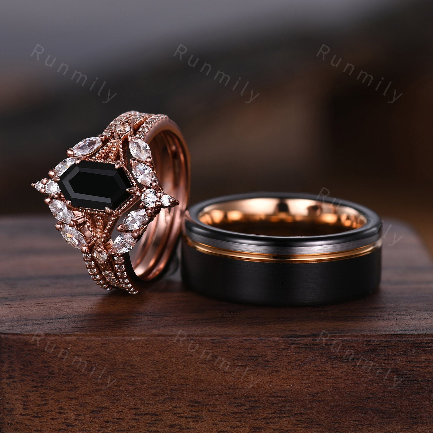 Black Onyx Couples Ring Set Vintage Double Curved Diamond Band Black and Rose Gold His and Her Wedding Band Promise Ring For Men and Women
