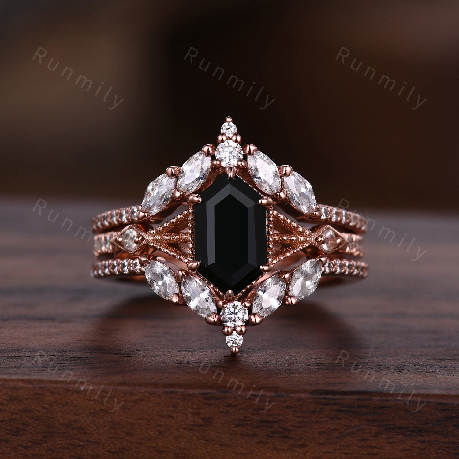 Black Onyx Couples Ring Set Vintage Double Curved Diamond Band Black and Rose Gold His and Her Wedding Band Promise Ring For Men and Women