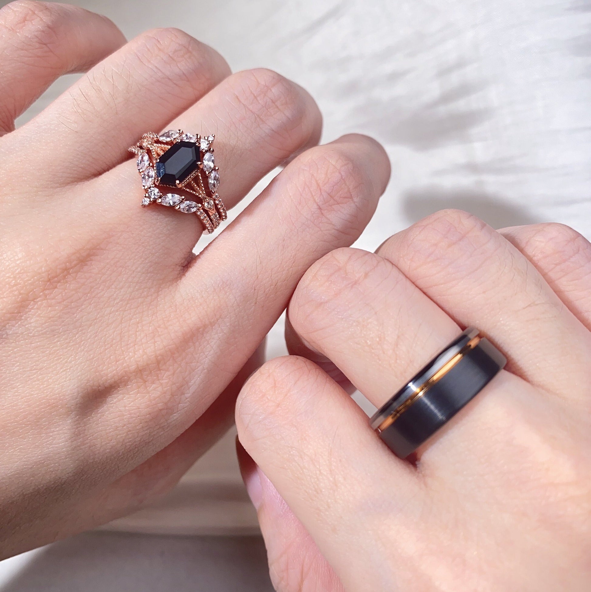 Black Onyx Couples Ring Set Vintage Double Curved Diamond Band Black and Rose Gold His and Her Wedding Band Promise Ring For Men and Women