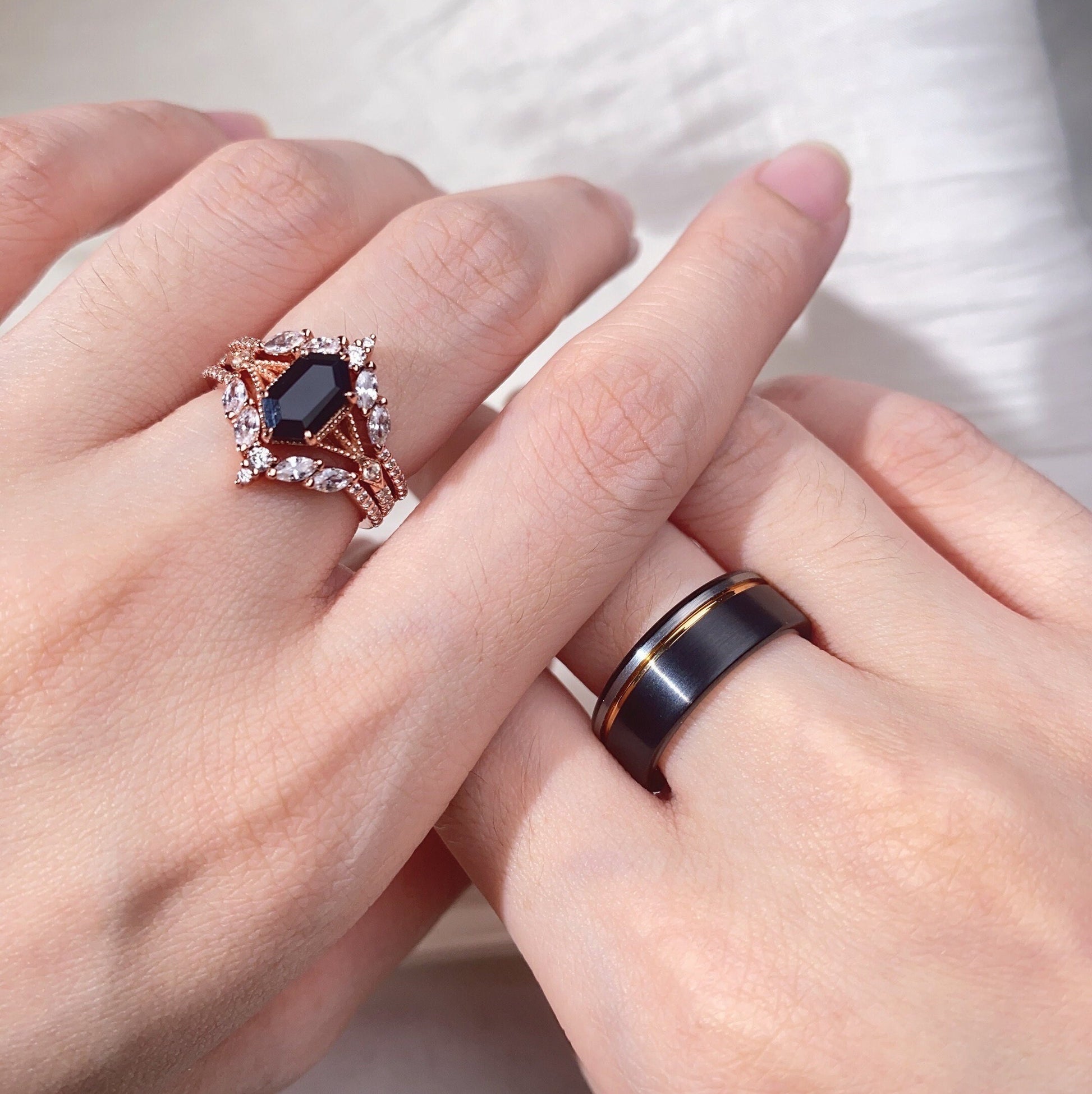 Black Onyx Couples Ring Set Vintage Double Curved Diamond Band Black and Rose Gold His and Her Wedding Band Promise Ring For Men and Women