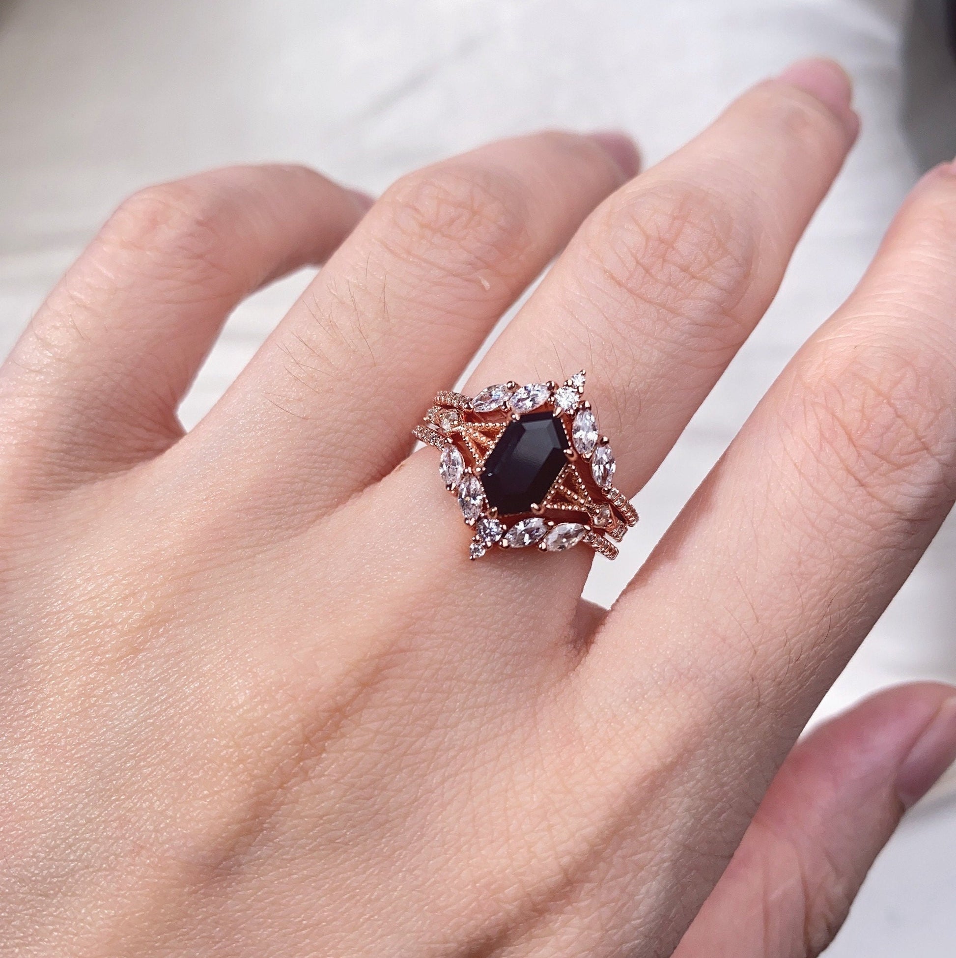 Black Onyx Couples Ring Set Vintage Double Curved Diamond Band Black and Rose Gold His and Her Wedding Band Promise Ring For Men and Women