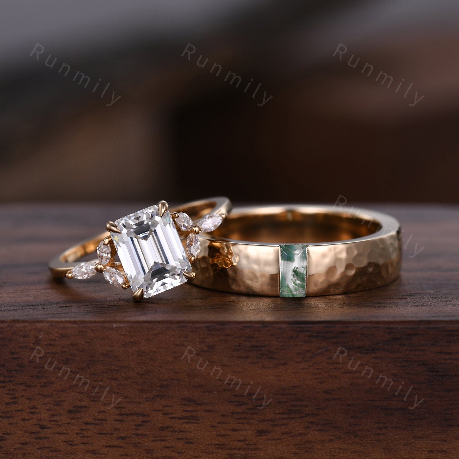 14K Yellow Gold Vermeil Couples Ring Set Unique Moissanite and Moss Agate Ring Set Mens Hammered Wedding Band Promise Matching Ring