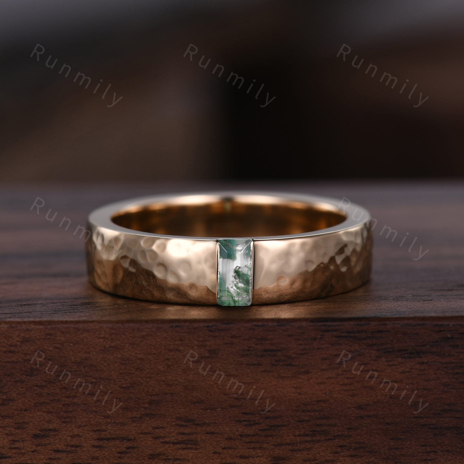 14K Yellow Gold Vermeil Couples Ring Set Unique Moissanite and Moss Agate Ring Set Mens Hammered Wedding Band Promise Matching Ring