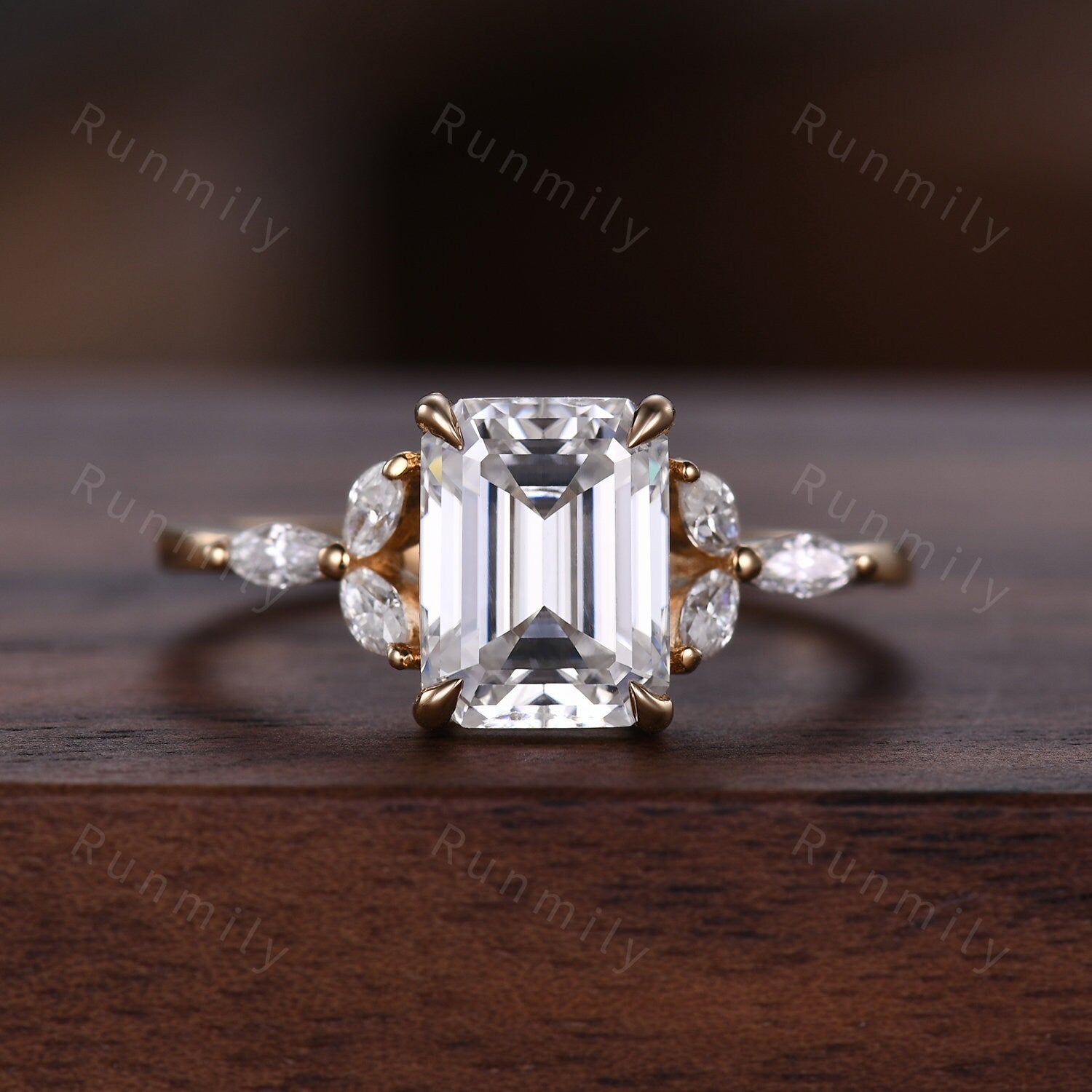 14K Yellow Gold Vermeil Couples Ring Set Unique Moissanite and Moss Agate Ring Set Mens Hammered Wedding Band Promise Matching Ring