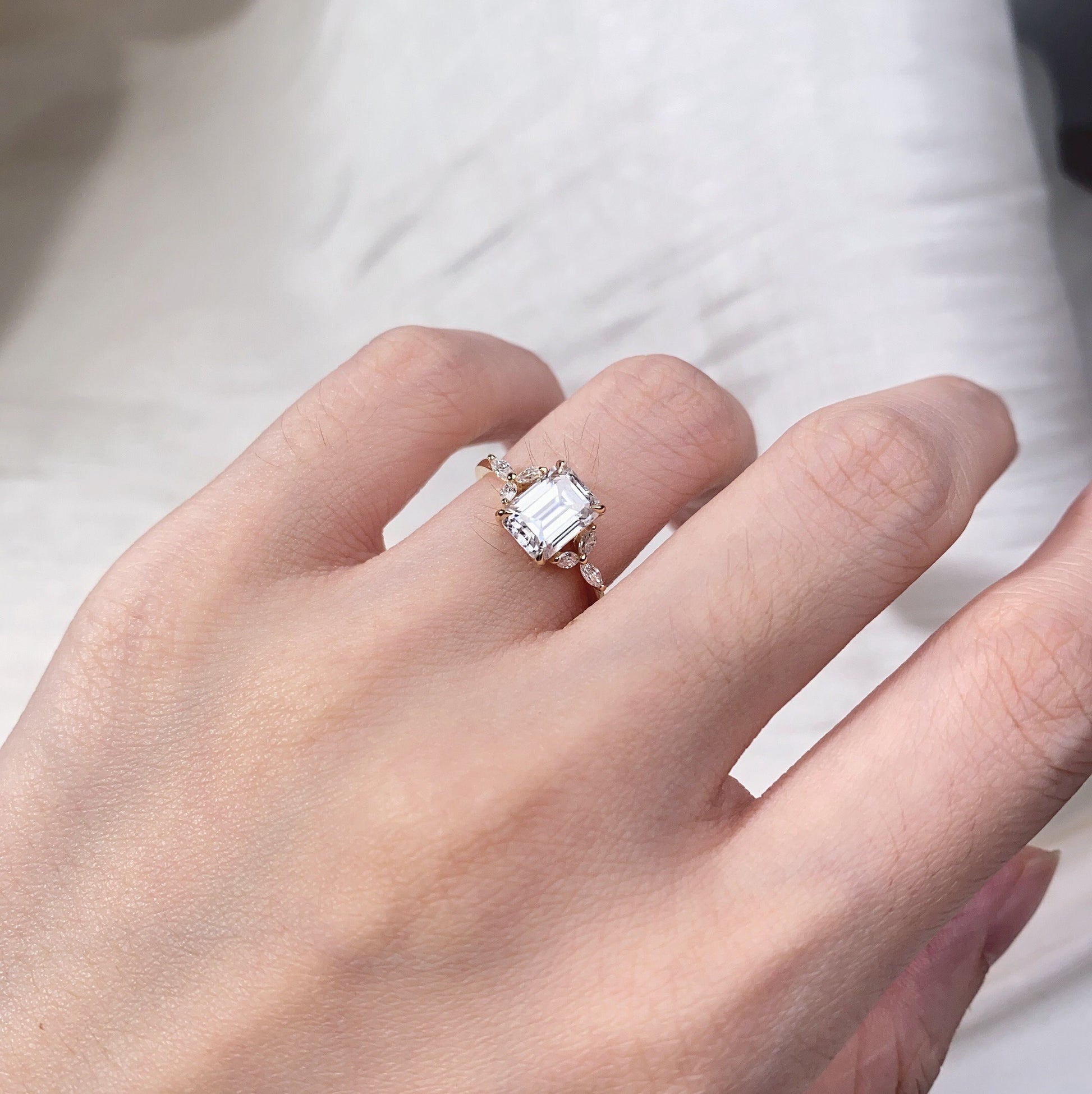 14K Yellow Gold Vermeil Couples Ring Set Unique Moissanite and Moss Agate Ring Set Mens Hammered Wedding Band Promise Matching Ring