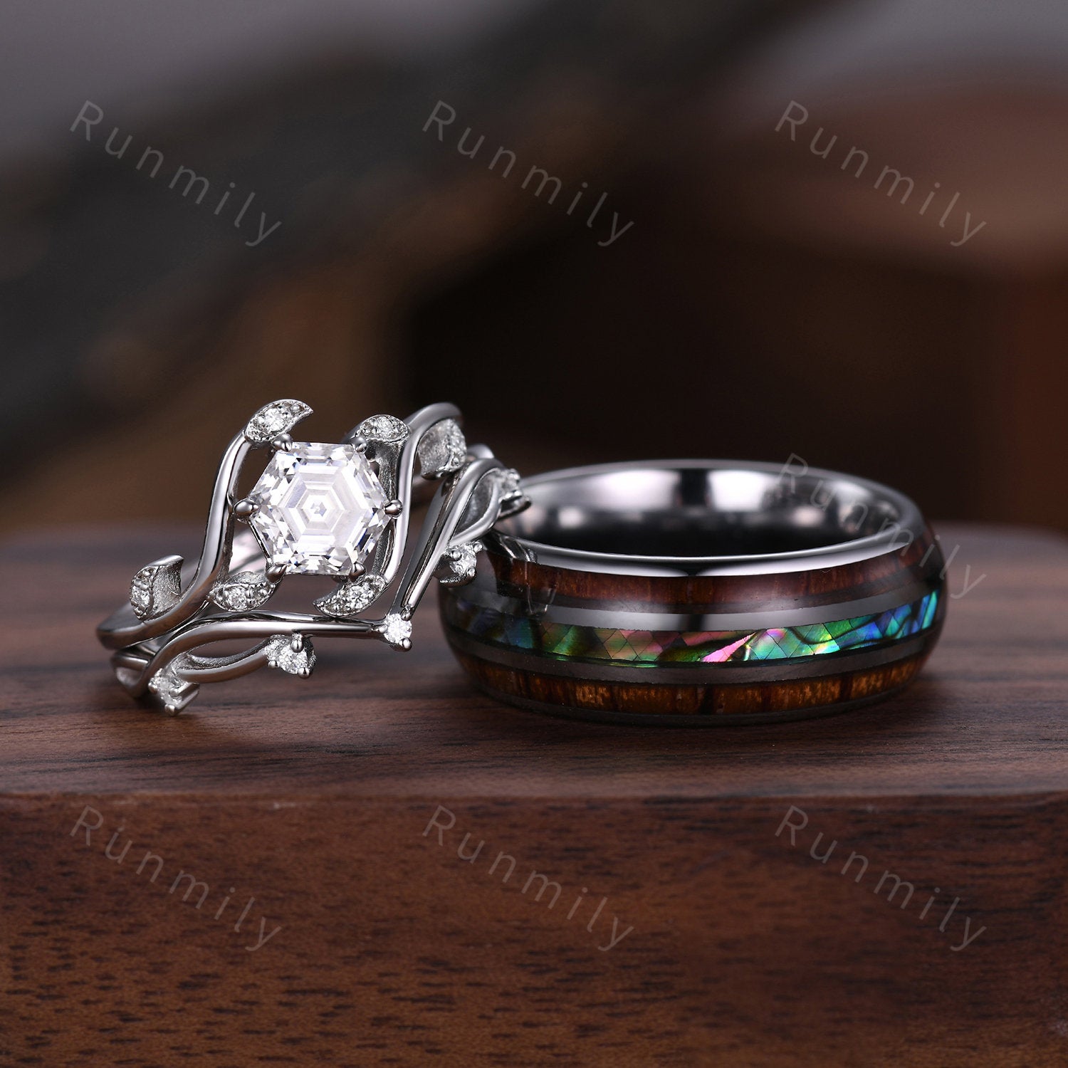 Hexagon Moissanite Ring Set For Couples His and Hers Wedding Band Sterling Silver Unique Ring Mens Tungsten Wedding Band Nature Inpired Ring