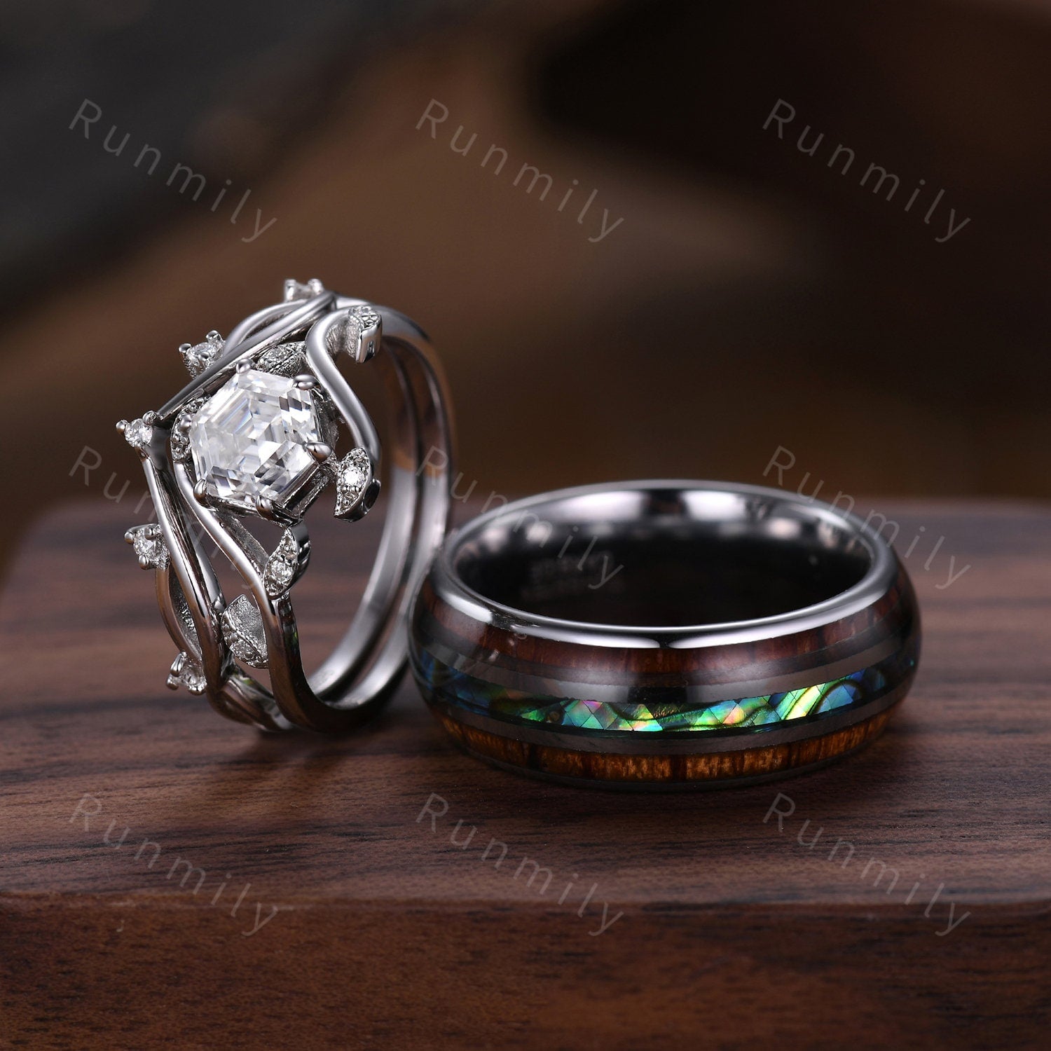 Hexagon Moissanite Ring Set For Couples His and Hers Wedding Band Sterling Silver Unique Ring Mens Tungsten Wedding Band Nature Inpired Ring