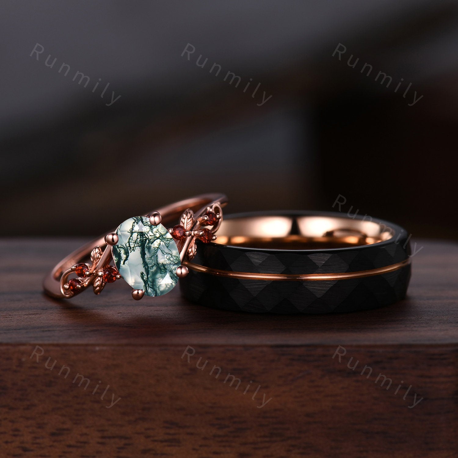 Rose Gold Couples Ring Set Oval Cut Moss Agate Engagement Ring Vintage Matching Promise Ring Mens Black Tungsten Ring Anniversary Rings