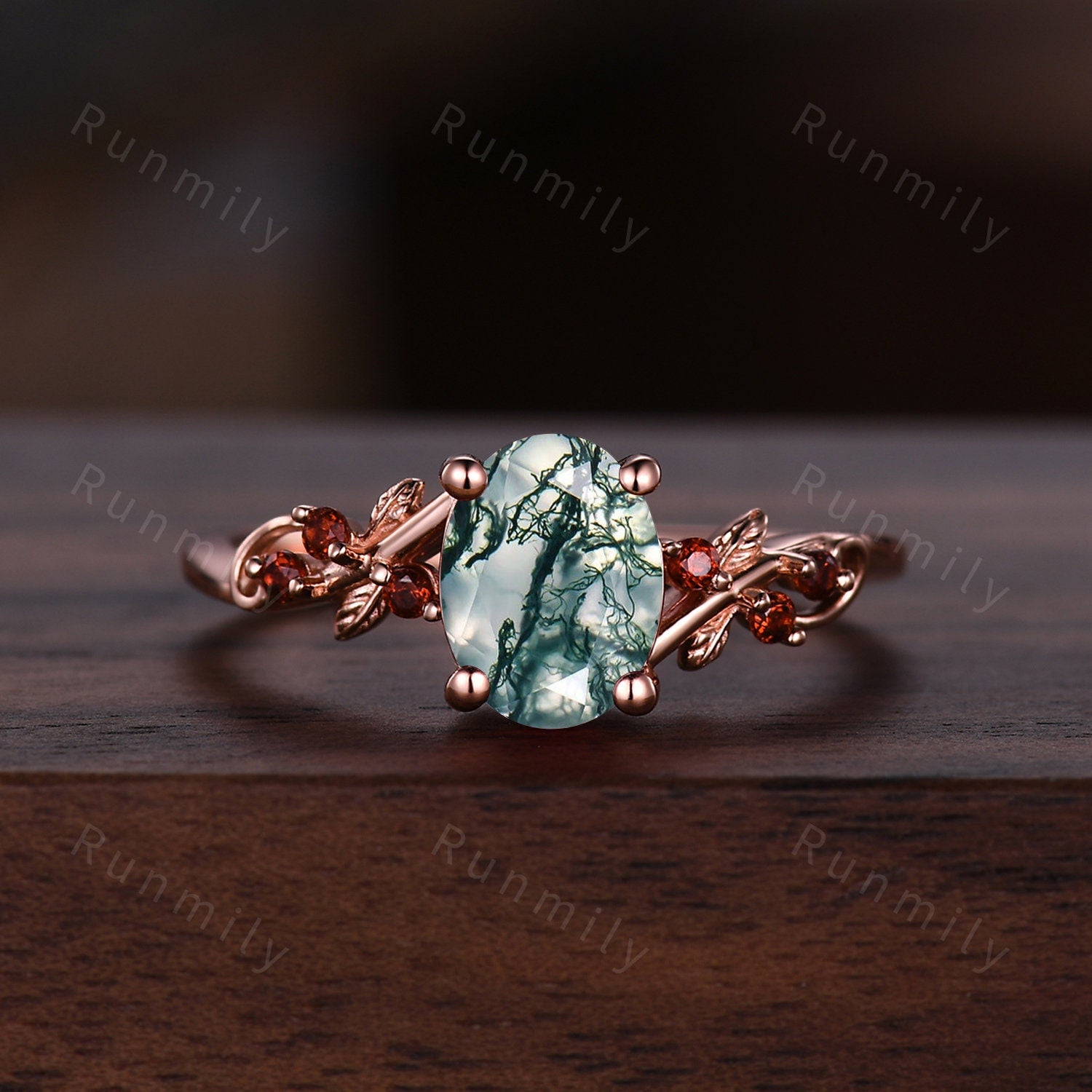 Rose Gold Couples Ring Set Oval Cut Moss Agate Engagement Ring Vintage Matching Promise Ring Mens Black Tungsten Ring Anniversary Rings