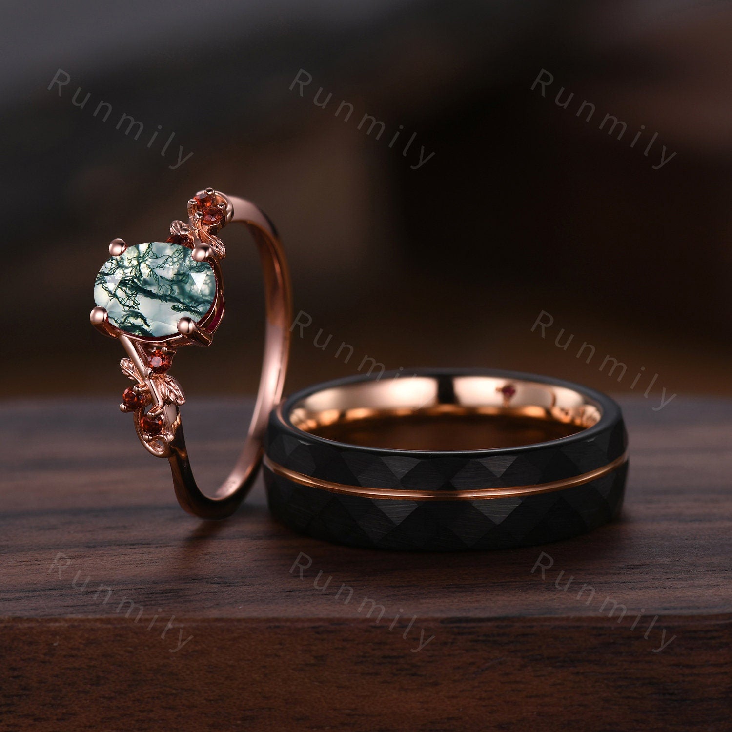 Rose Gold Couples Ring Set Oval Cut Moss Agate Engagement Ring Vintage Matching Promise Ring Mens Black Tungsten Ring Anniversary Rings