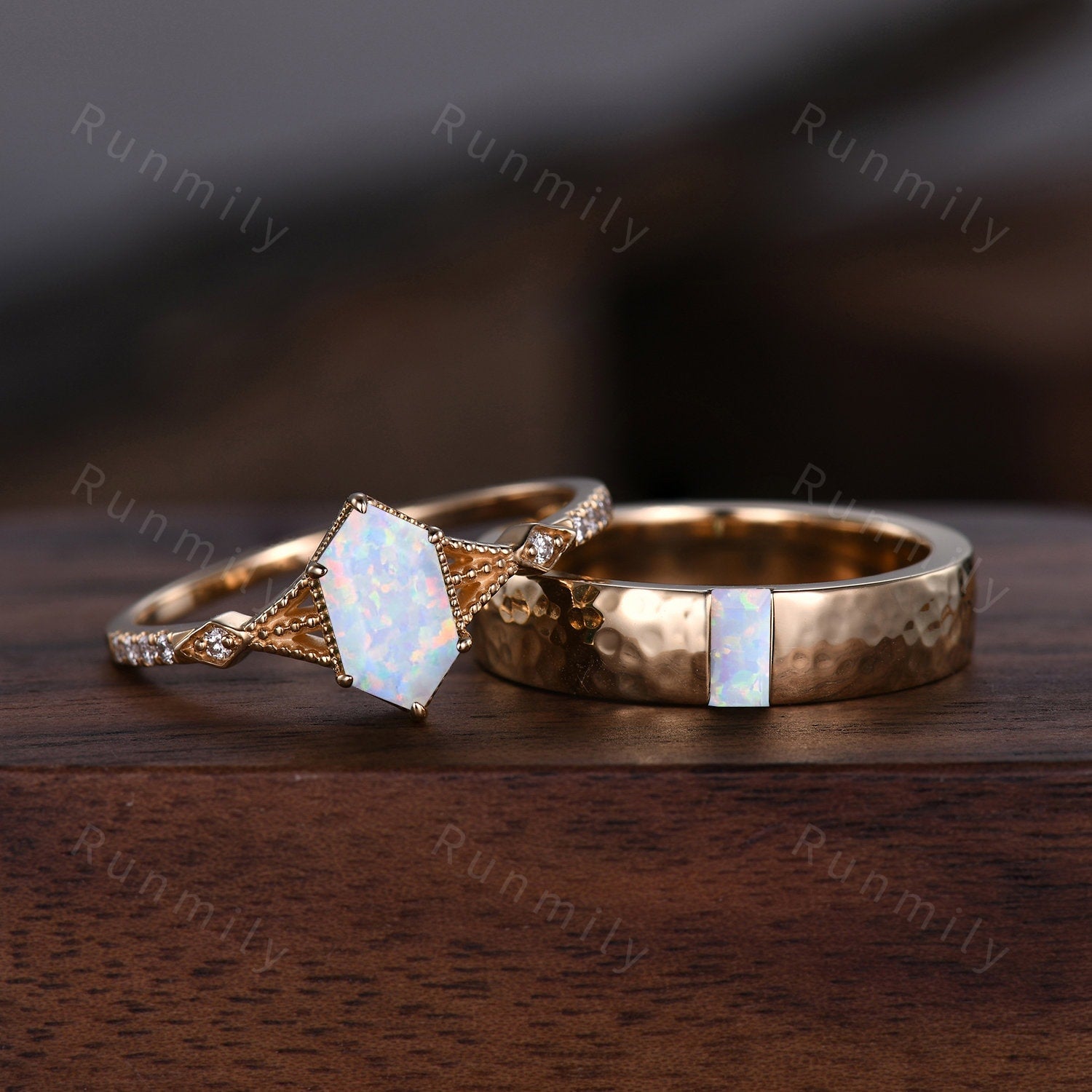 His and Hers White Fire Opal Ring Set, Yellow Gold Opal Rings, Opal Matching Promise Ring, Mens Hammered Ring Couples Ring For Men and Women